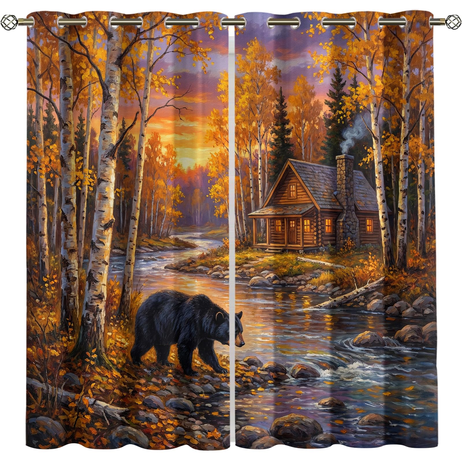 Vorhänge Herbstwald Landschaft mit Schwarzbär & Hütte, Romantischer Sonnenuntergang am Fluss, Ölgemälde Stil Gardine, Verdunkelung Ösenschal Polyester