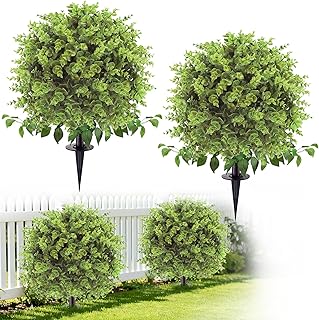 Artificial Topiary Tree with Eucalyptus, Set of 2 UV Resistant Fake Evergreen Shrubs with Ground Spike for Porch, Artificial Plants for Outdoor Indoor Garden Planters, Lifelike Decor