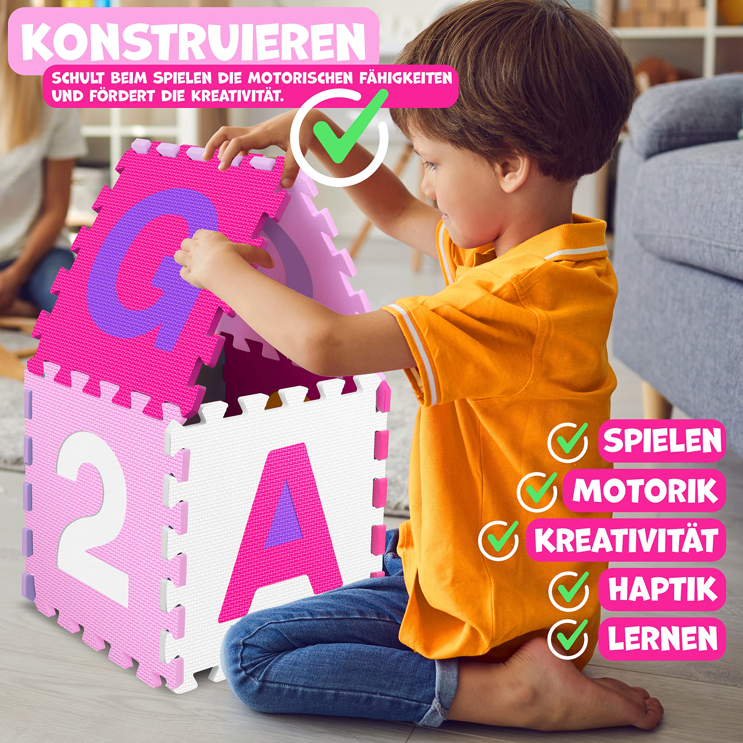 KIDIZ® Tappeto puzzle da 86 pezzi - tappeto da gioco per bambini - tappetino in gommapiuma - stuoia puzzle - tappetino per bambini - puzzle numeri e lettere - tappeto protettivo (Rosa)