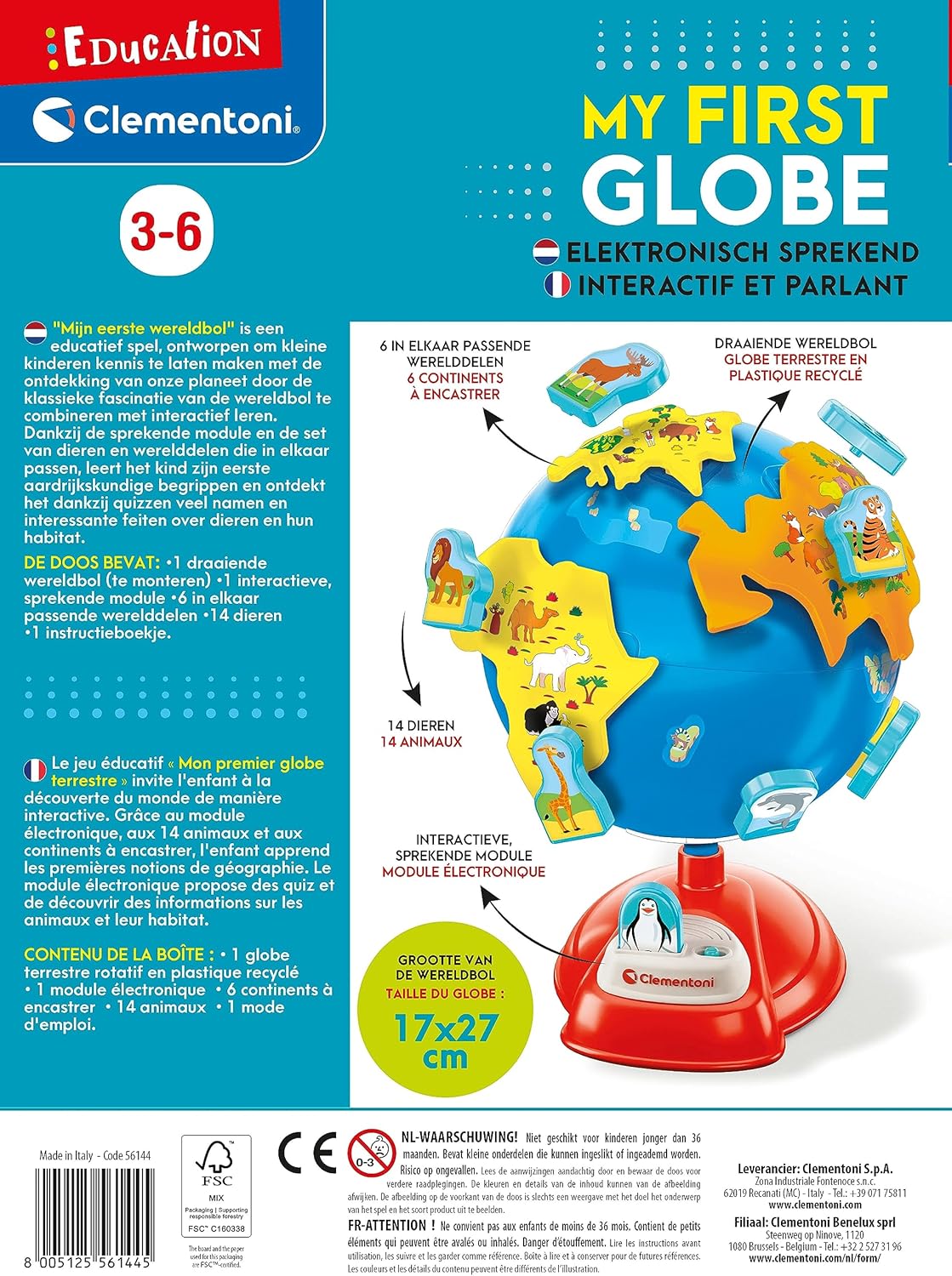 Clementoni My First Globe - Interactive World Map, French & Dutch, Plastic, 3+ Years, Educational, Eco Friendly, Made in Italy