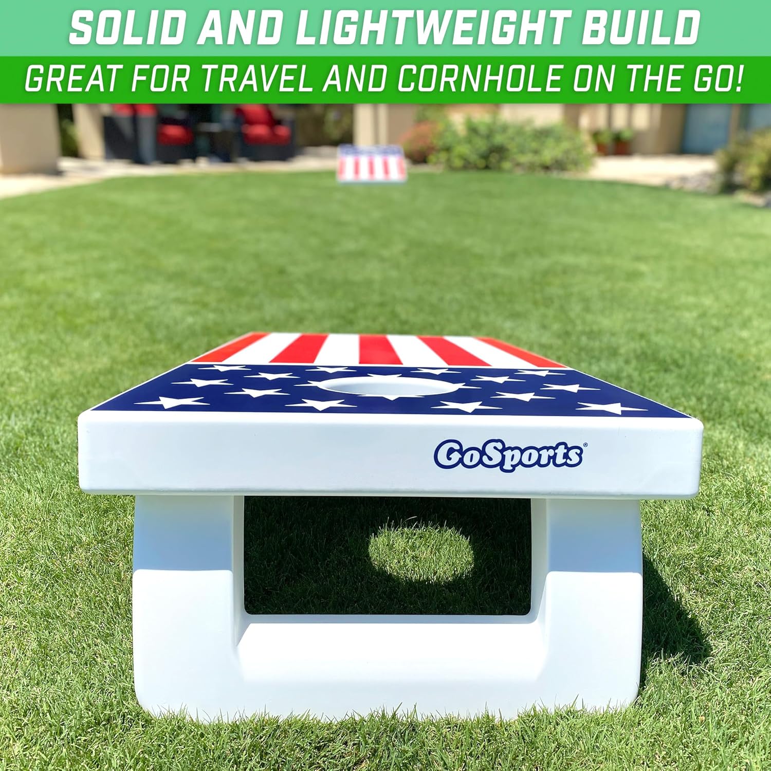 GoSports 4 x 2 ft All Weather Cornhole Boards - American Flag, Red, or Blue - Game Set Includes 8 Bean Bags & Rules