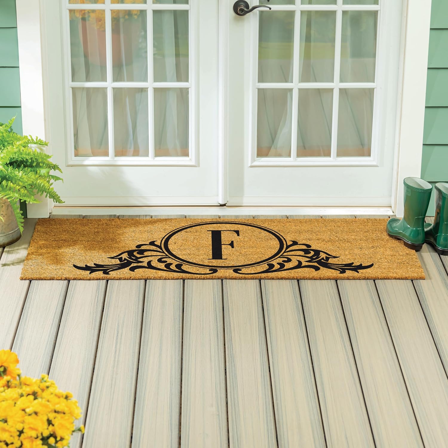 Evergreen Monogram Extra Large Coir Doormat, 60x24 Inches Front Door Mat, Outdoor Indoor Entrance Rug, Non-Slip Welcome Mat for Double Doors Porch Patio, Housewarming Gift, Letter F