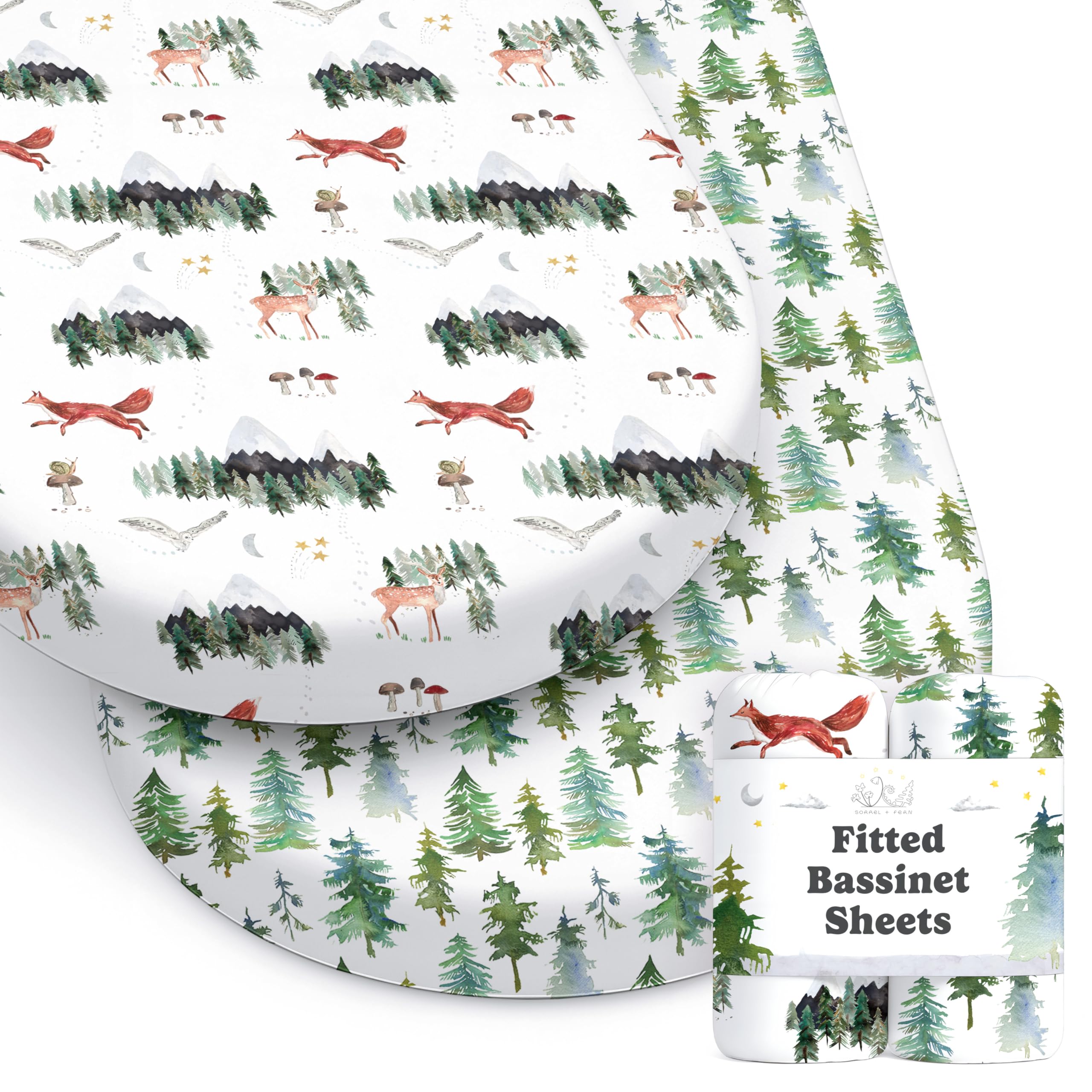 Baby Bassinet Sheets for Boy, Girl (Woodland Forest Animals) 2-Pack - Fitted Bedside Bassinet Sheets - Buttery Soft Cotton Blend for Standard Mattress