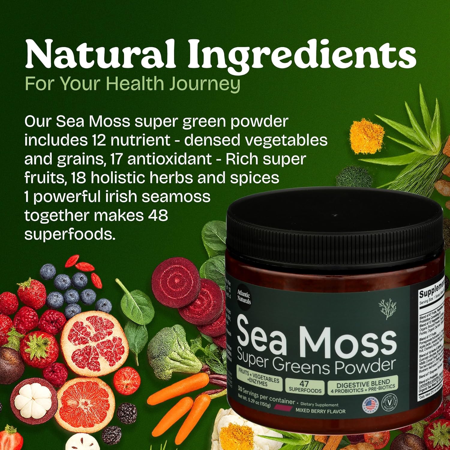 Atlantic Naturals Organic Sea Moss Super Greens Powder | Daily Greens Superfood for Energy, Digestion, Skin & Immune Support | Enriched with Fruits, Veggies & Probiotics – Mixed Berry Flavor 5000mg
