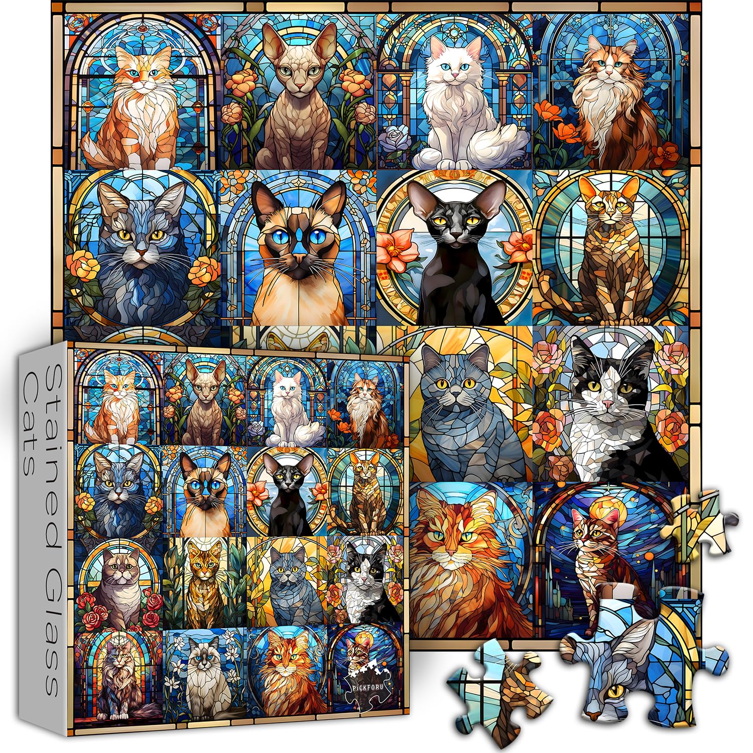 PICKFORU Buntglas-Puzzle 1000 Teile, Rundes Blumen-Katzen-Motiv, 68x68 Cm, Für Erwachsene