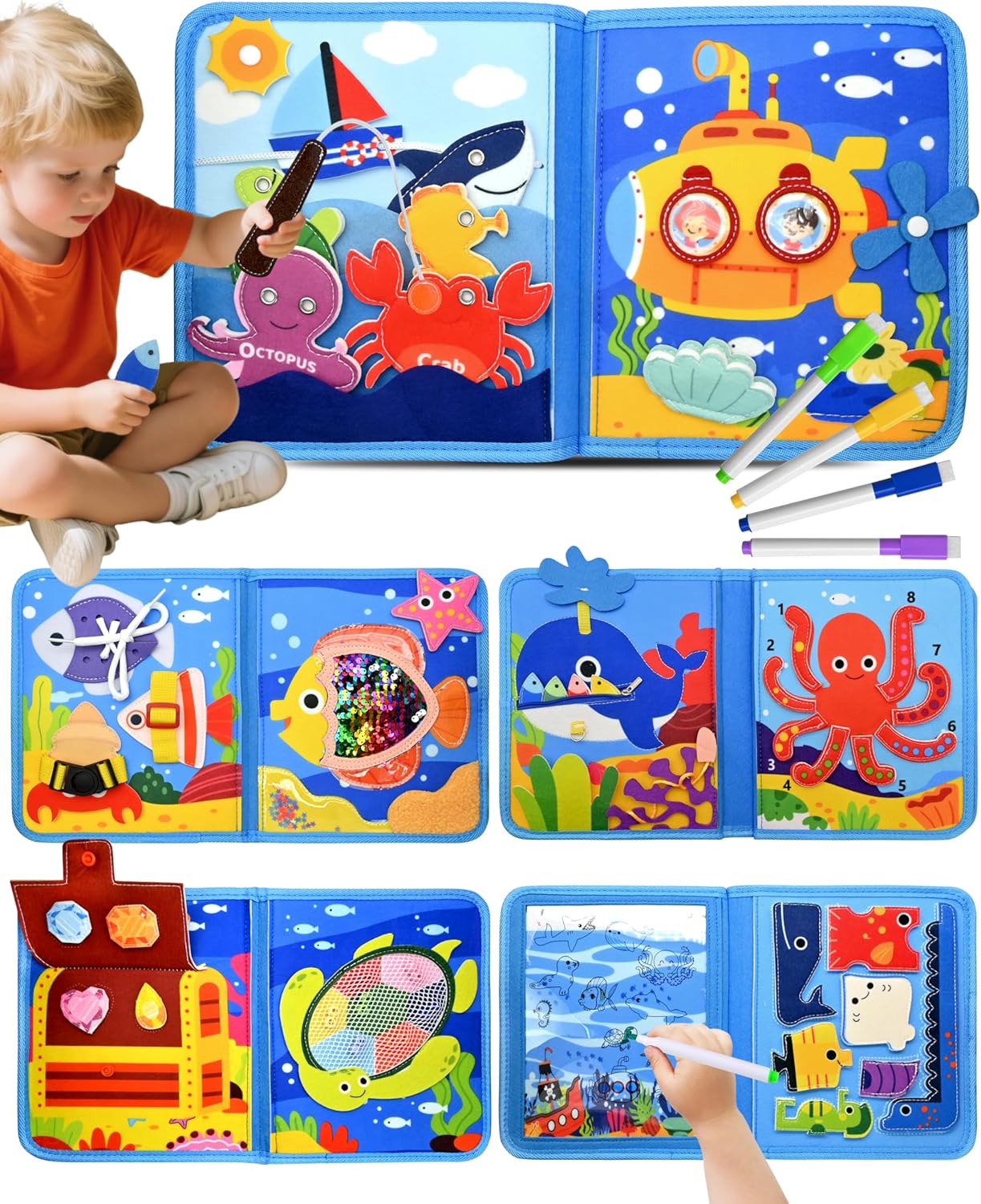 Meafeng Ocean Busy Book for Toddlers 1-3 - Montessori Learning Toy with Sea Animals & Life Skills, Travel Quiet Book for 1 2 3 Year Old Boys Girls, Educational Toddler Toy for Car & Airplane Travel