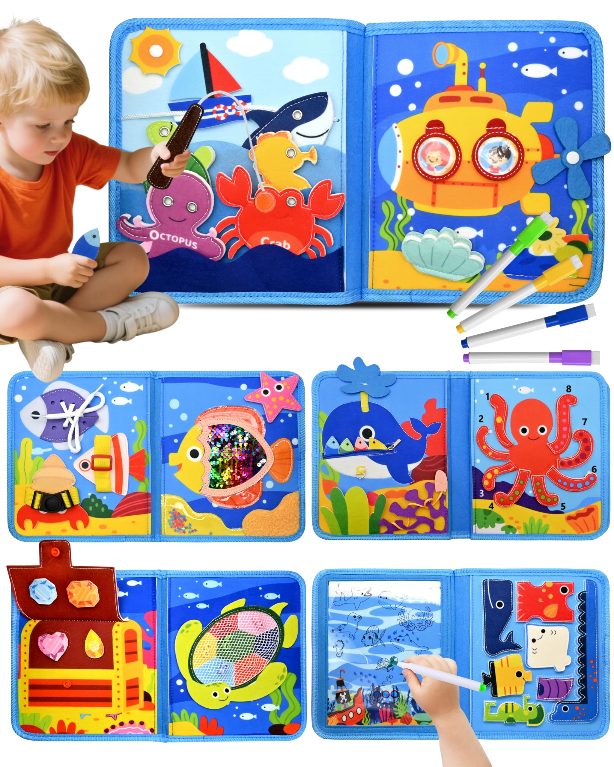 Meafeng Busy Board Spielzeug ab 1 2 3 Jahre, Meeres Thema Quiet Book Spielzeug ab 2 Jahre, Activity Board für Reise Auto Flugzeug, Motorikspielzeug Kinderspielzeug, Busy Book Geschenk Jungen Mädchen