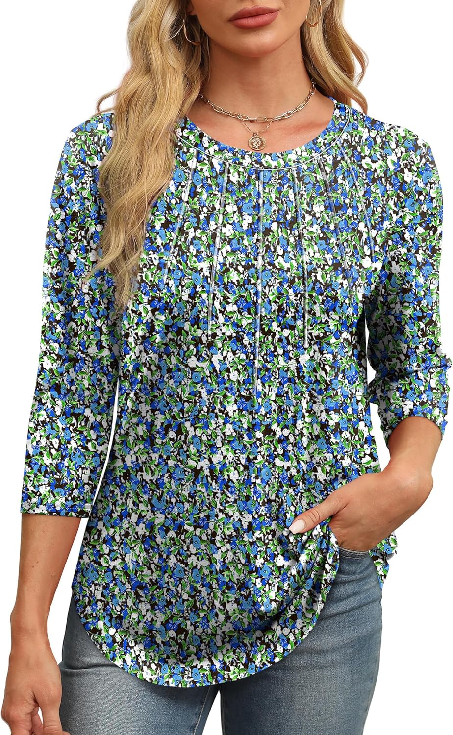 XIEERDUO 3/4 Length Sleeve Womens Tops Round Neck Casual Tunic Tops Basic Pleated Shirts Loose Fit 2026 - Image 2