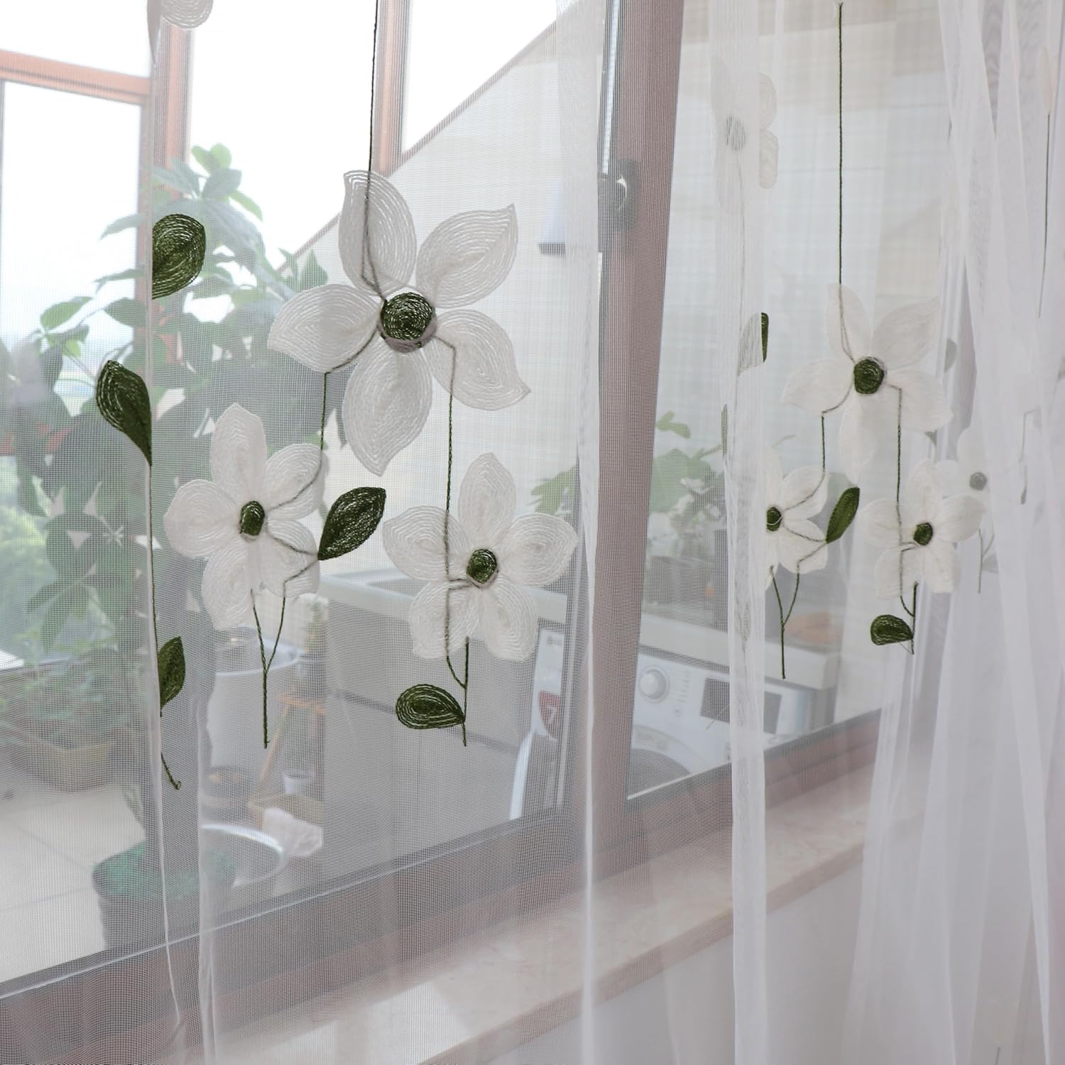 SLOW SOUL Set of 2 Panels White Magnolia Flower Embroidered Sheer Curtains for Bedroom Living Dining Room Window Treatments Drapes Villa Lace Curtain Voile Rod Pocket 52W X 102L inch