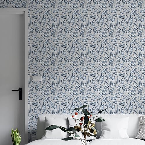Miniatura 8 de UniGoos Papel tapiz de hojas de acuarela para despegar y pegar, de vinilo azul brillante, extraíble, hojas de ramas abstractas, rollo de papel de