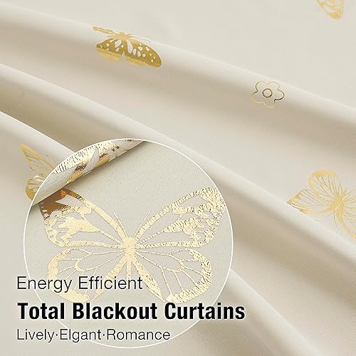 Miniatura 4 de Jubilantex Cortinas opacas de mariposa de 95 pulgadas de largo para dormitorio de niños, cortinas florales y mariposas con estampado beige y dorado,