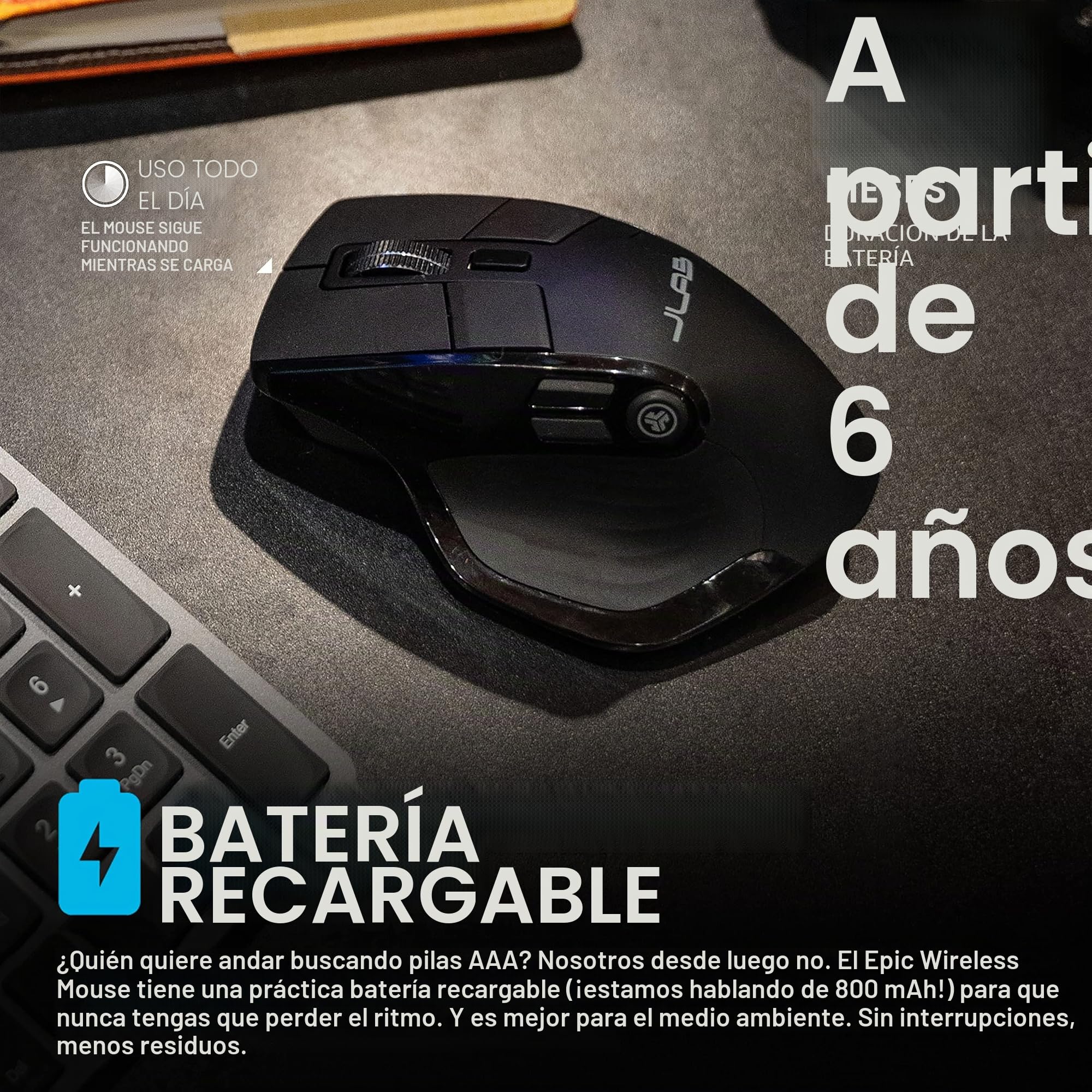 JLab Ratón Inalámbrico Epic - Bluetooth o USB, Ergonómico Recargable | Conexión Bluetooth o Receptor USB, Multidispositivo, Silencioso, Compatible con Ordenador/portátil/Tableta/PC/Windows/Mac