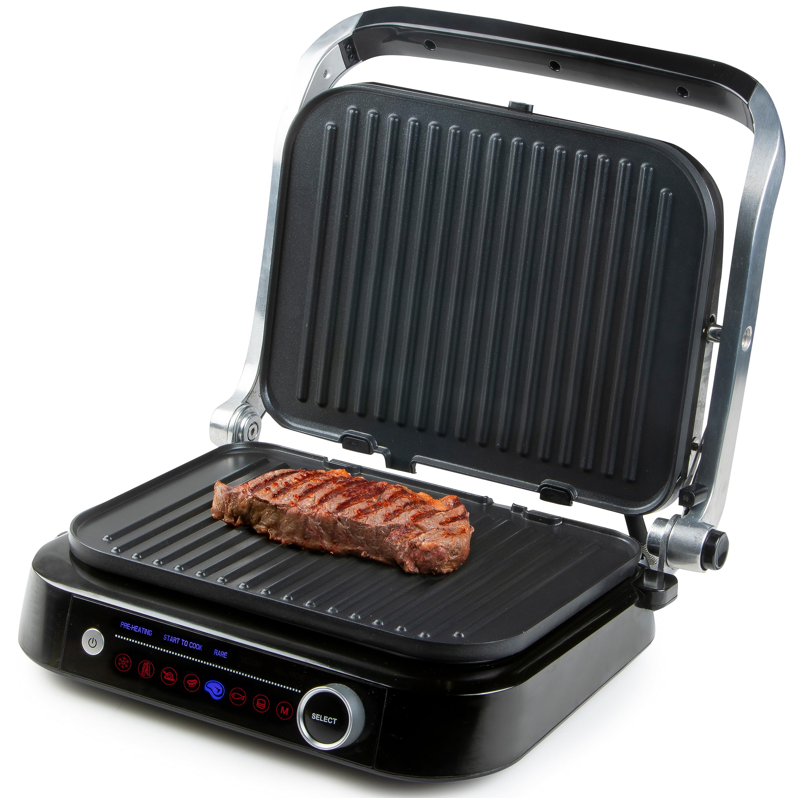 DOMO Genius elektryczny grill kontaktowy, powłoka nieprzywierająca, z wyświetlaczem ze stali nierdzewnej, czarny