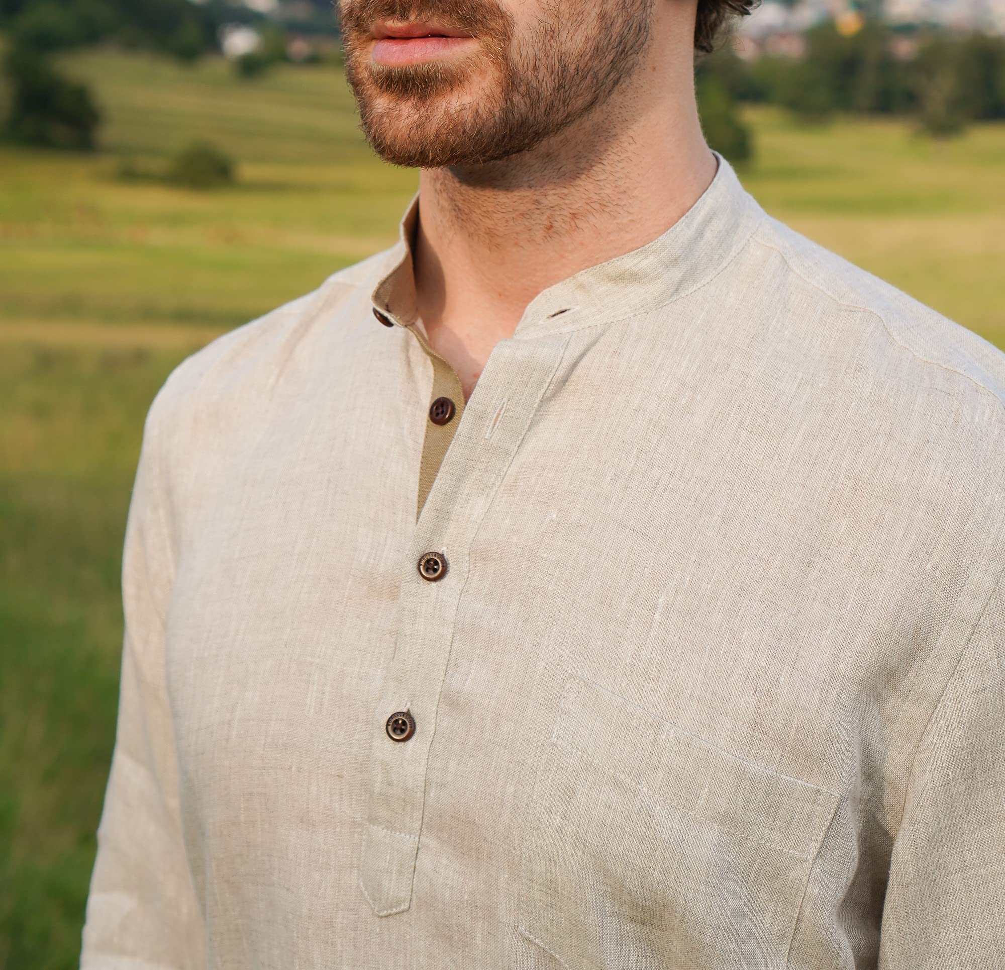 Borges & Scott - Camisa 100% lino irlandés Grandad Henley - Manga larga, marrón claro, M