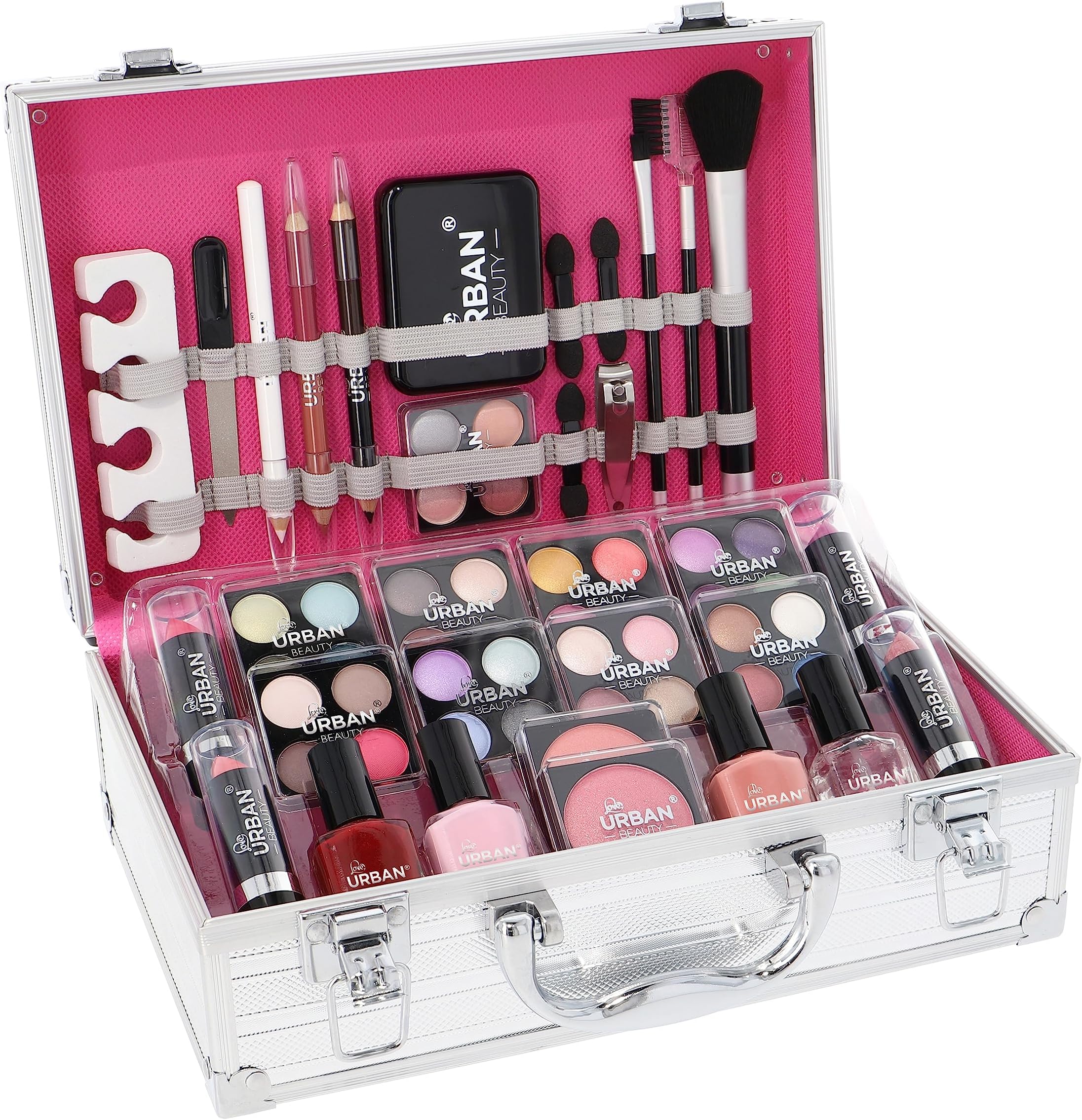 LOVE URBAN BEAUTY Essentials Vegan Makeup Case – 64-Piece Vegan Makeup Set for Teenagers – Elegant Silver Box – Compact and Lightweight Design – Travel-Friendly Women’s Makeup Set