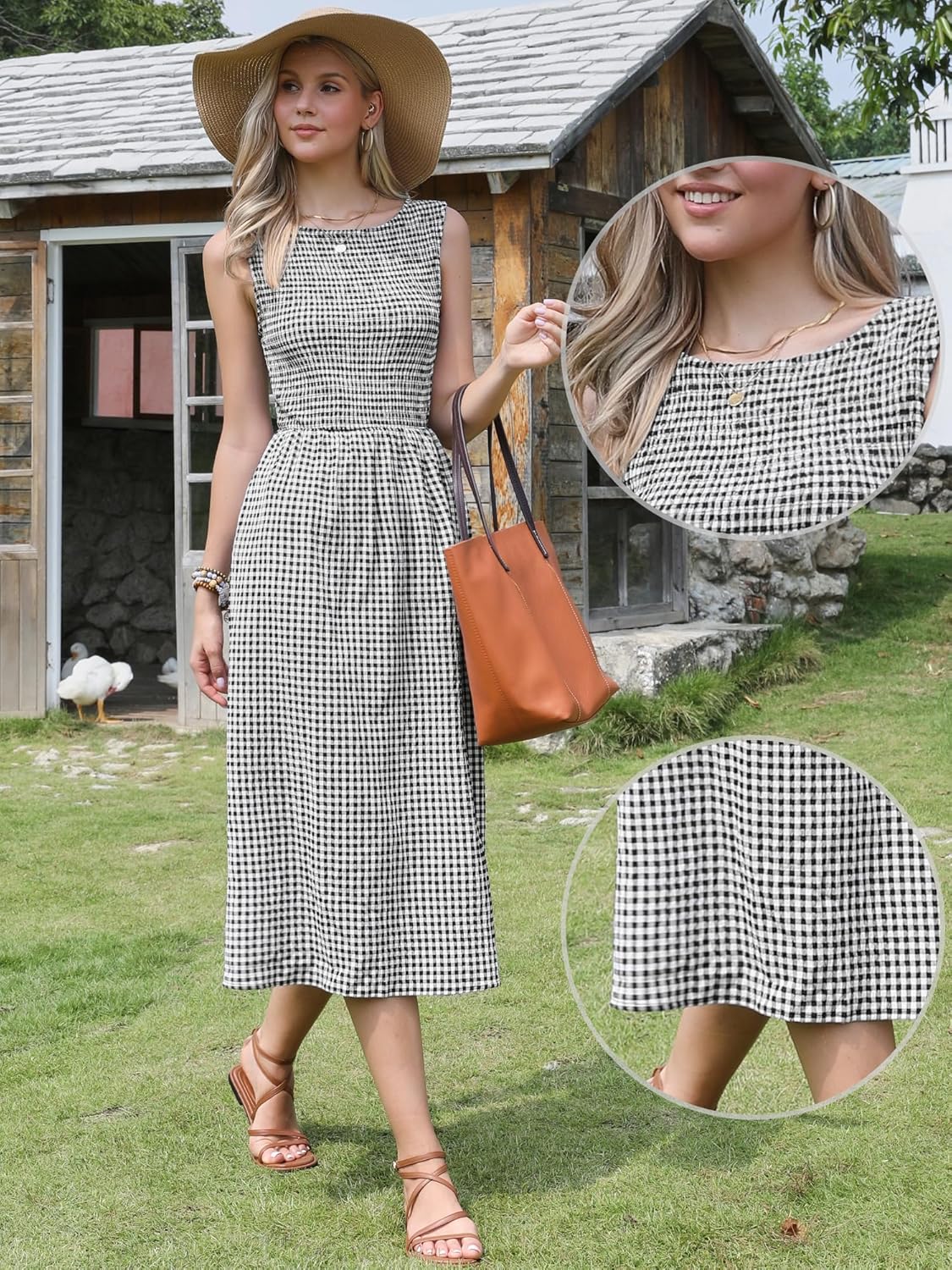 Allegra K Gingham Dress for Women Casual Sleeveless Flowy Vacation Summer Midi Smocked Dresses - Image 4