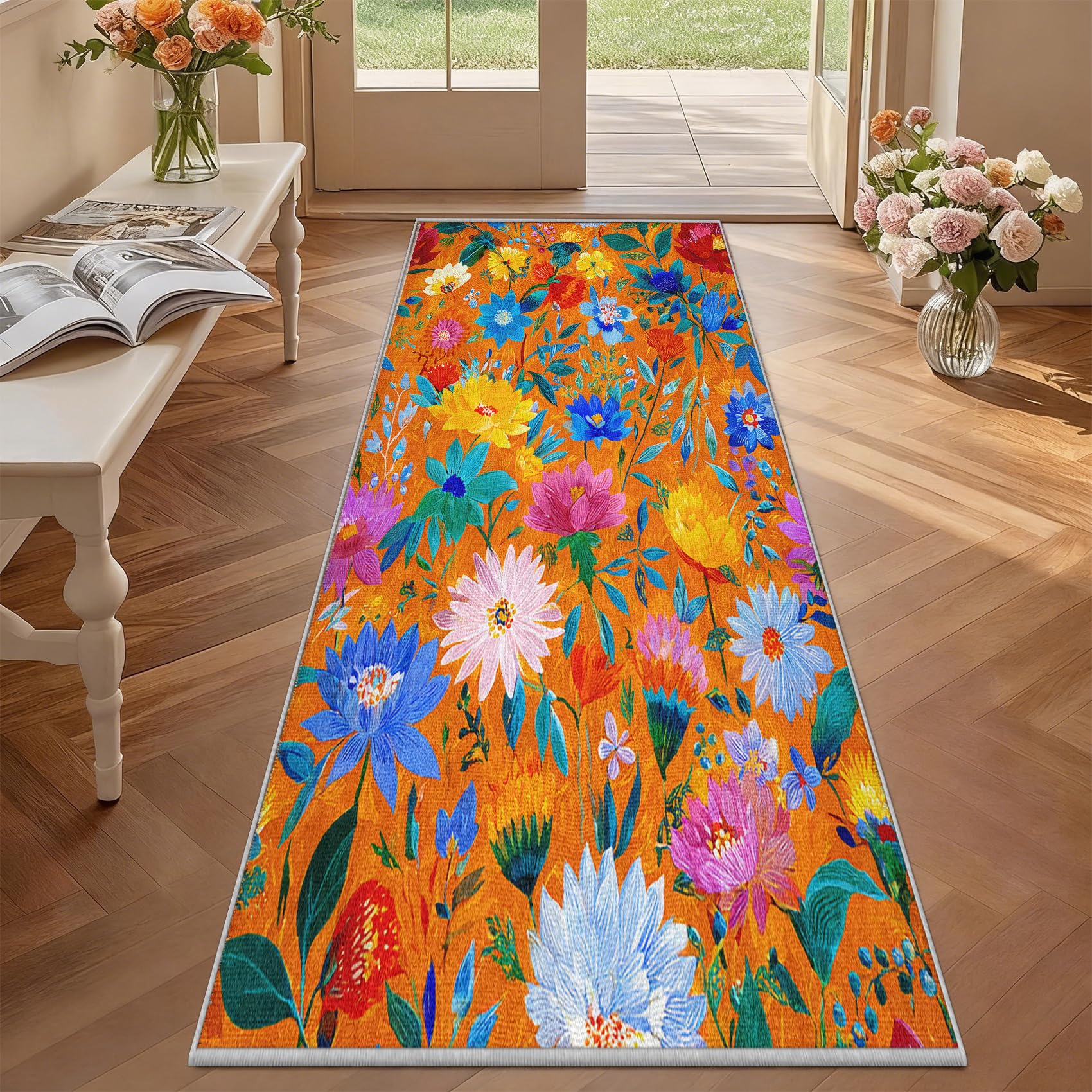 Tapis couloir antidérapant et lavable orange floral 80x300 cm doux à poil ras cuisine
