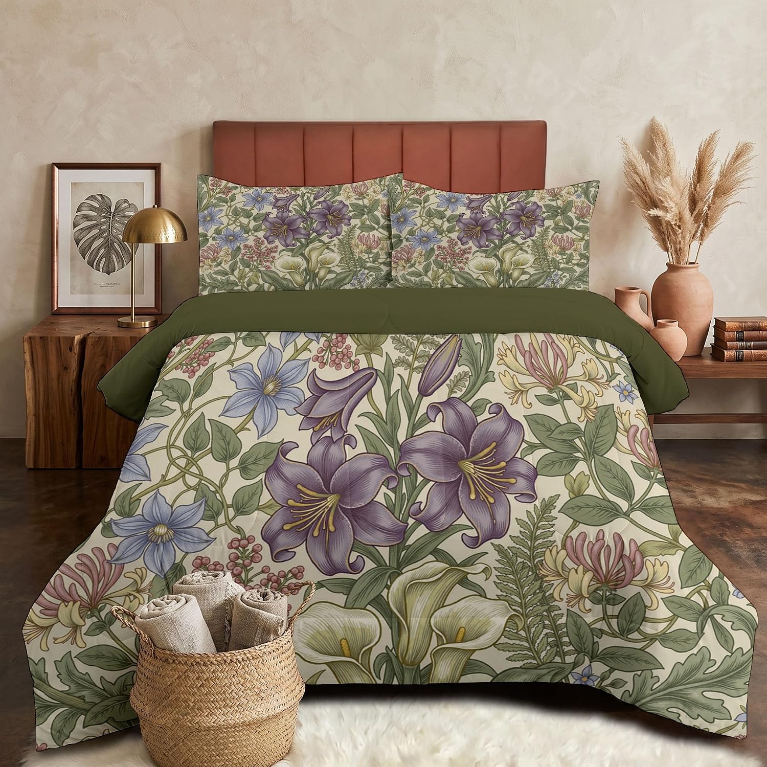 Art Nouveau Comforter Set King Size, Wildflowers Bedding Set for Girls Boys, Green Quilt Bed 104"X90" Bedding Comforter Sets with 2 Pillowcase Room Decor