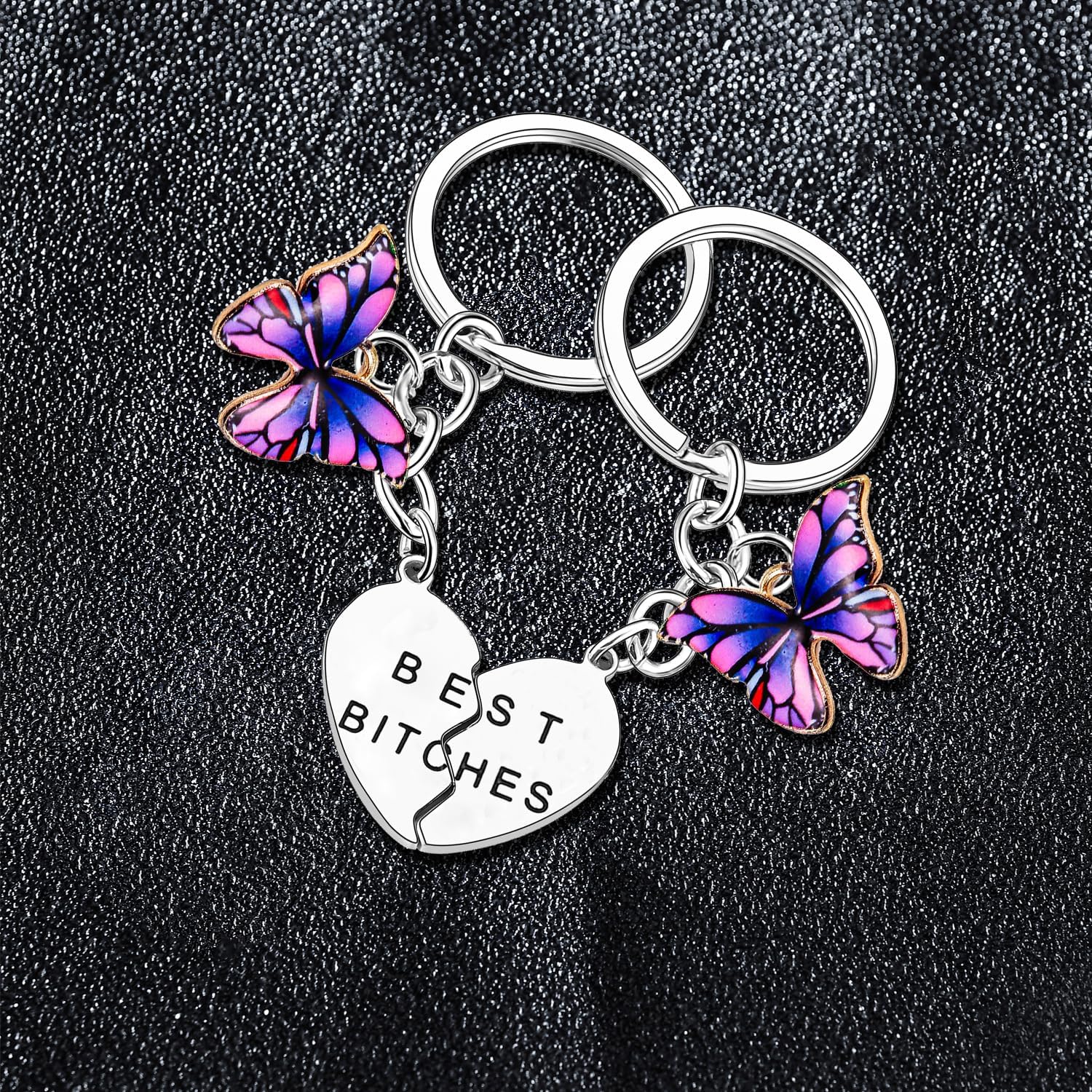 Best Bitches Keychain Set - Funny Best Friend Friendship Gift - 2PCs Heart Matching Keychain for Bestie, Friends, Sister - Christmas Birthday Gift - Butterflies Stuff Jewelry - Image 3