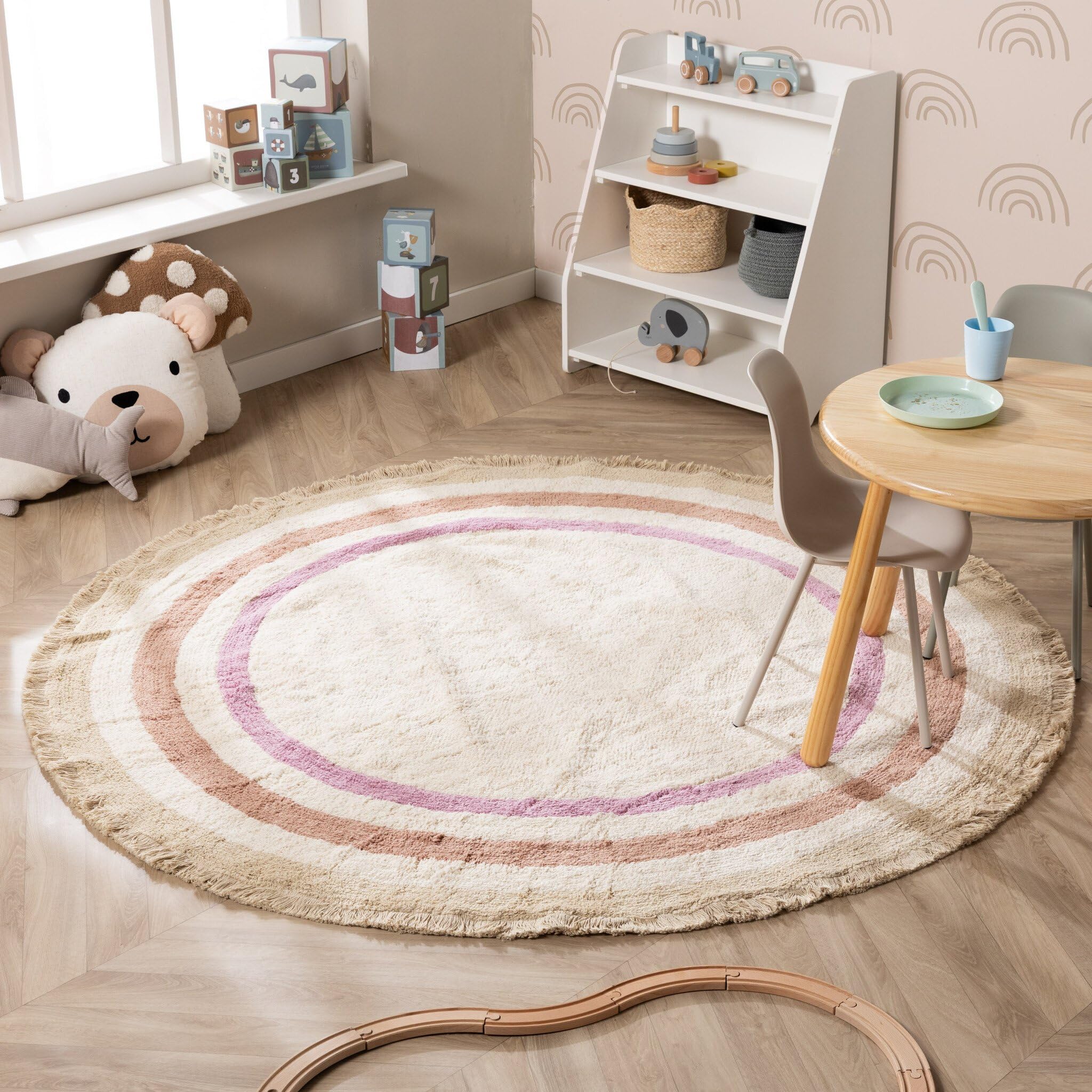 Tapis Rond Lavable pour Enfant - Milo Rose - Ø 80 cm - Garçon et Fille - Lavable en Machine - Chambre Bebe - Rond
