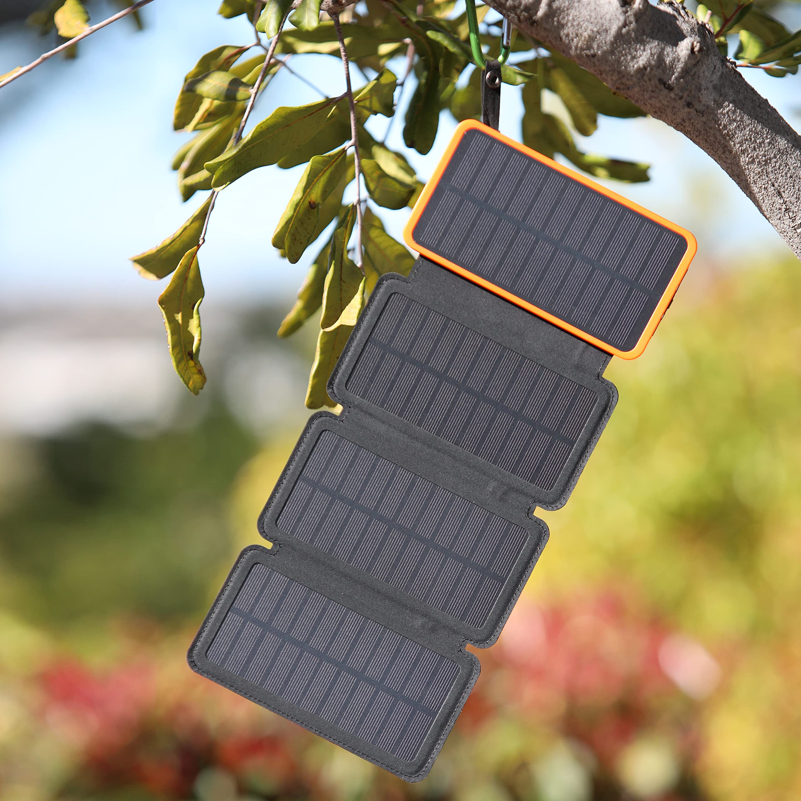 CK-SPB1 Solar Panel Power Bank/Portable Charger/Backup Battery - 4X Solar Panels, Foldable & Pocket Size, 20000mAh Capacity, Bright Flashlight, 2 USB Out + 1 USB-C in/Out Ports, Leather Wrap