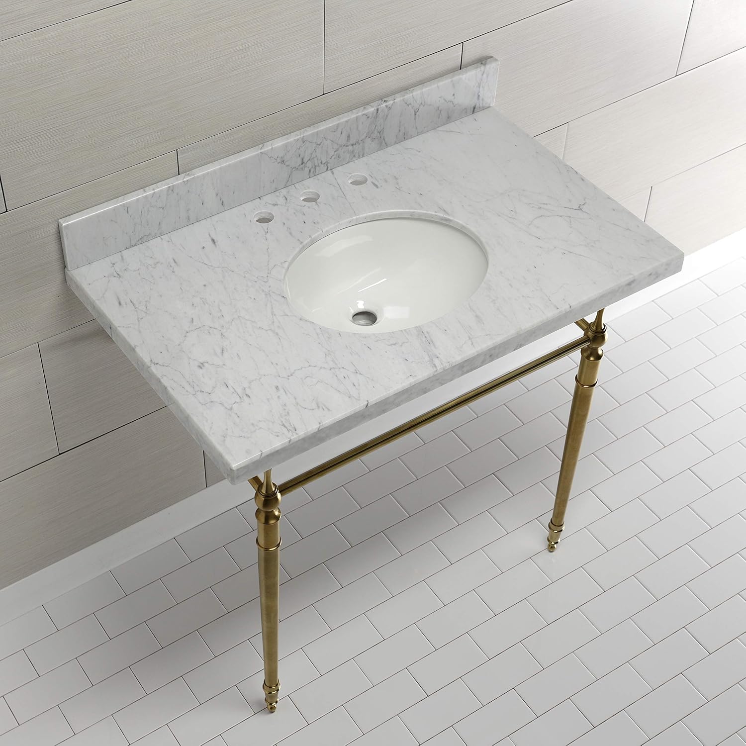 Kingston Brass KVPB3622M87 Edwardian 36" Console Sink with Brass Legs (8-Inch, 3 Hole), Marble White/Brushed Brass