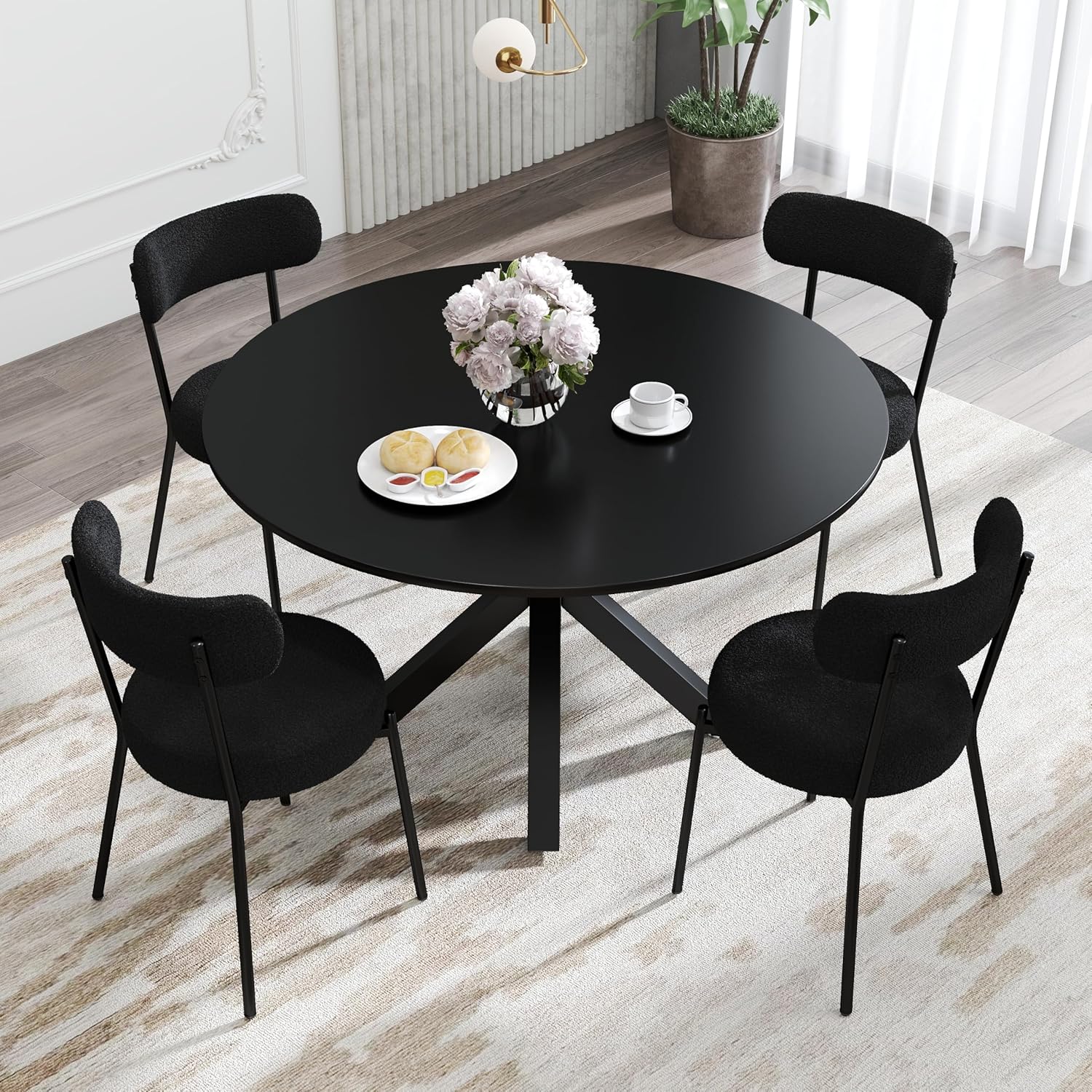 Black Circle Dining Table Set for 4, 42'' Mid Century Modern Round Dinner Room Set with MDF Top, 5 Pcs Small Circular Kitchen Table Set with Black Boucle Chairs for Home Bedroom