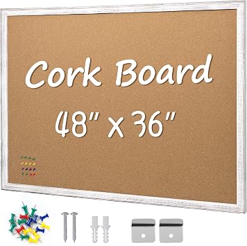 Cork Board Bulletin Board 36 x 48, White Wood Framed 4x3 Corkboard, Office Board for Wall Cork, Large Wall Mounted Notice Pin Board with 16 Push Pins for School, Home & Office