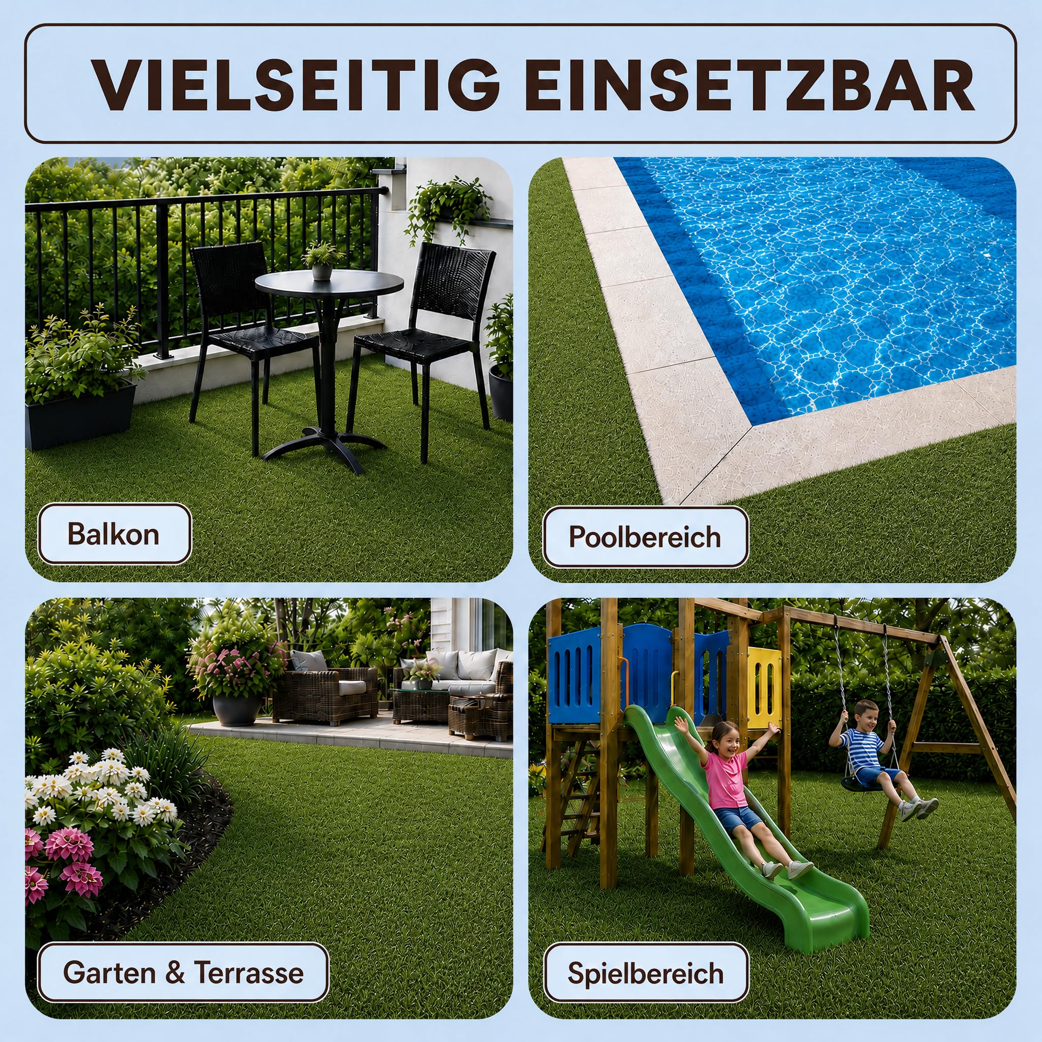 Hochflor Kunstrasen 20 mm, 200x200 cm, dekorativer Rasenteppich für Balkon, Terrasse und Garten, wetterfest und pflegeleicht