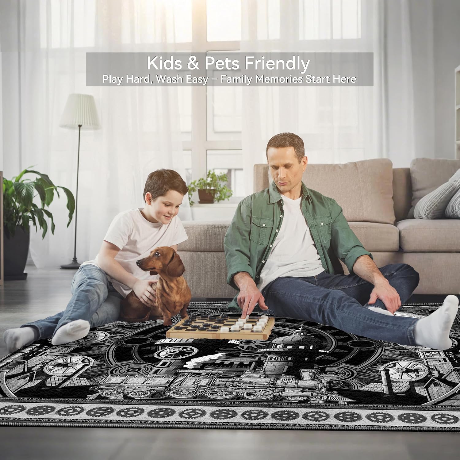 Dark Black Area Rug 8x10 - Retro Steampunk Carpet with Fantasy Design, Luxurious Machine Washable Non-Slip Rug for Living Room, Bedroom.
