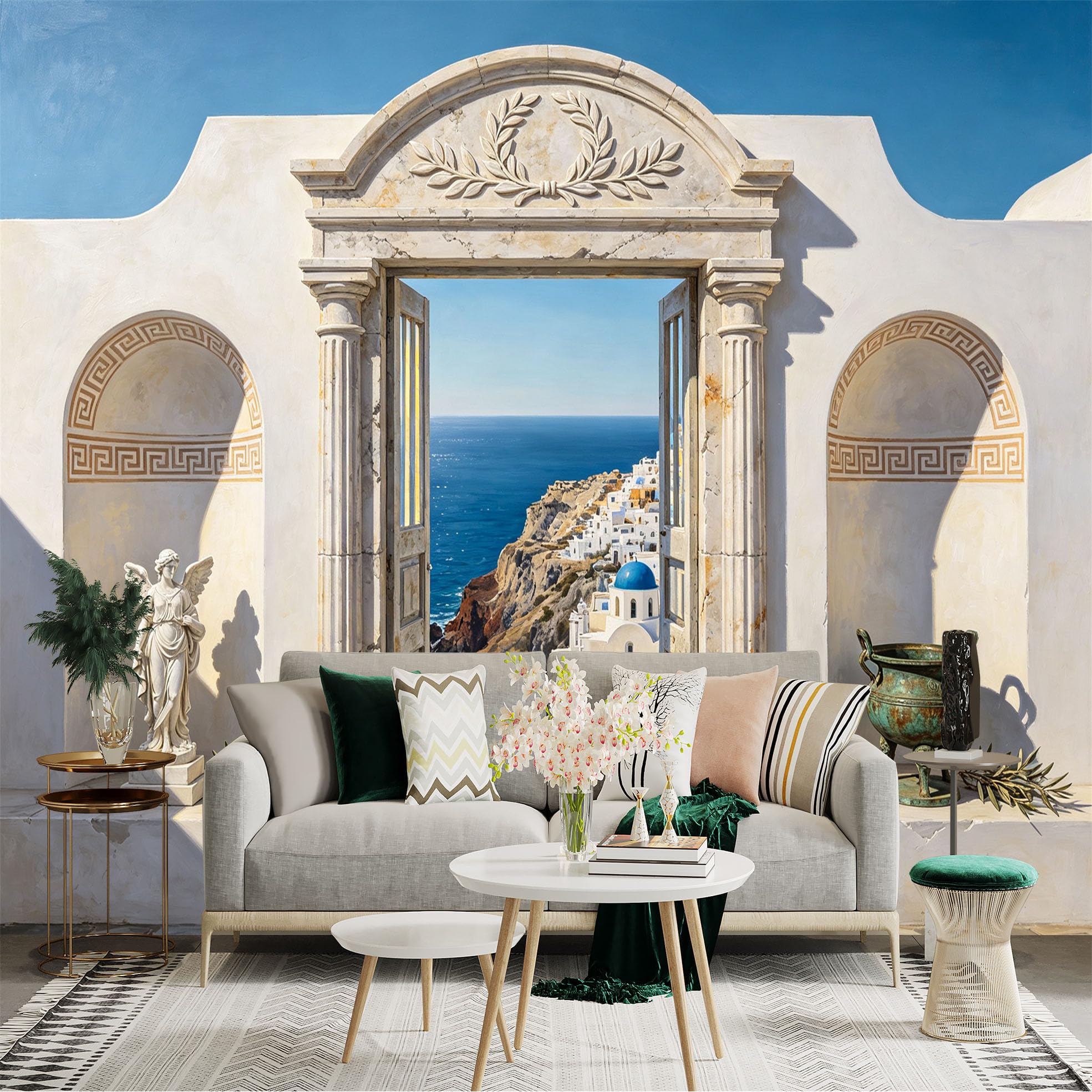 Custom Size Wall Sticker Mural， Mediterranean Coastal View， Blue Dome Architecture， Marble Archway， Sea Cliff Landscape， for wall Decoration， peelandstick wall Decals.