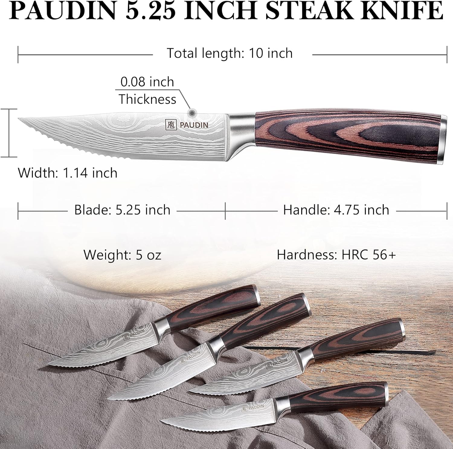  | PAUDIN Steak Knives Set of 4, Ultra Sharp Steak Knives 5.25 Inch, High Carbon Stainless Steel Serrated Steak Knife Set Pakkawood Handle, Kitchen Knives Set with Gift Box: Flatware