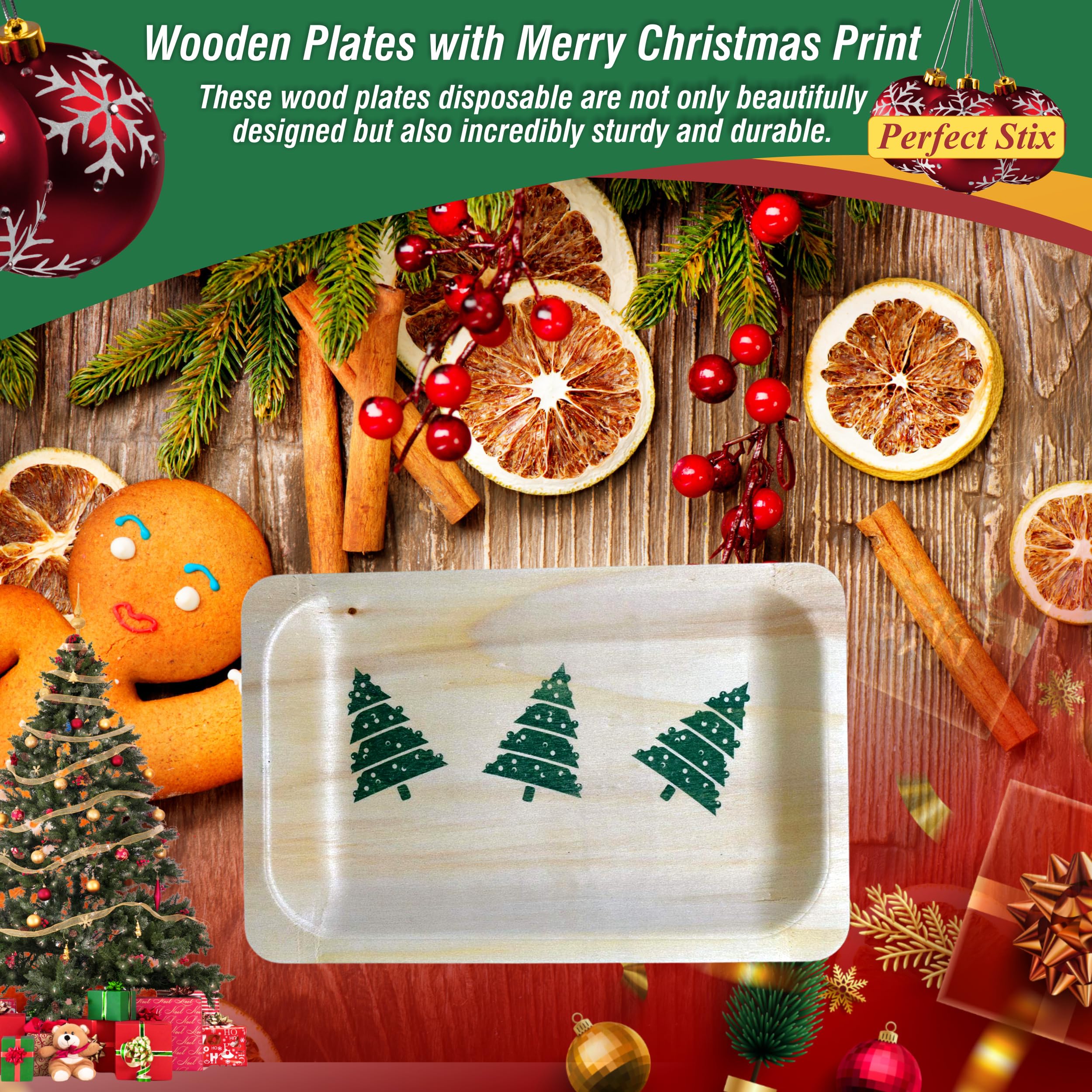 Perfect Stix Plato de madera desechable de 17,78 cm con estampado de árbol de Navidad, paquete de 25 unidades