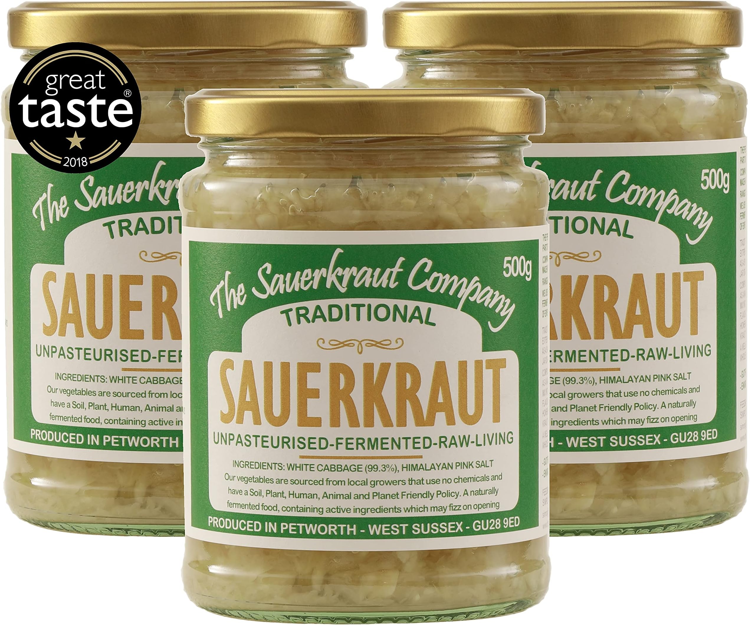 The Sauerkraut Co. Award Winning Traditional Sauerkraut (3x500g). Packed Full of Pro-Gut Living Bacteria (Unpasteurised), Vital Vitamins & Minerals