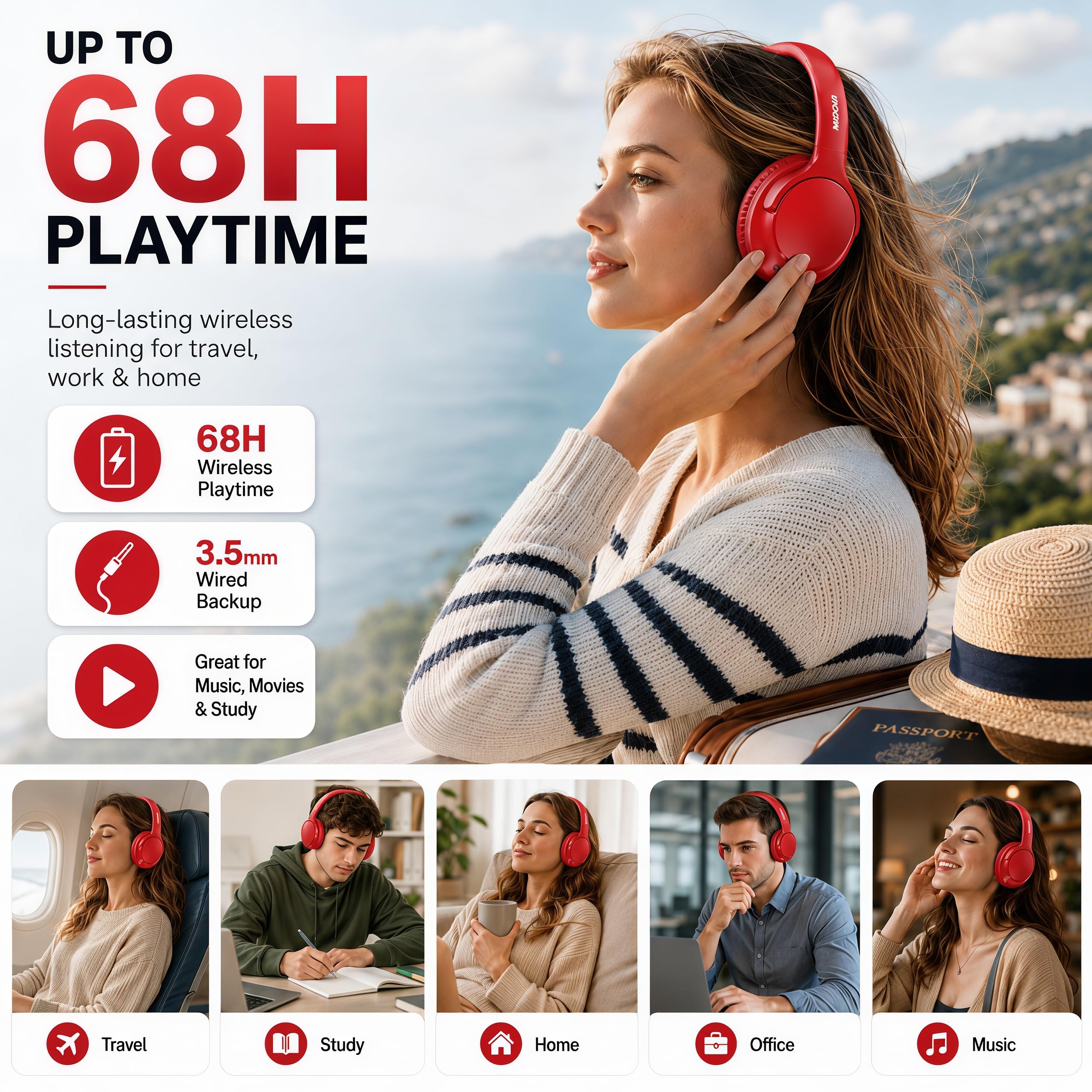 MIDOLA Auriculares Bluetooth sobre la oreja 68H Tiempo de reproducción 6 EQ Auriculares inalámbricos con micrófono HiFi Estéreo Plegable Ligero Deep Bass para Viajes Casa Oficina Teléfono Celular Rojo