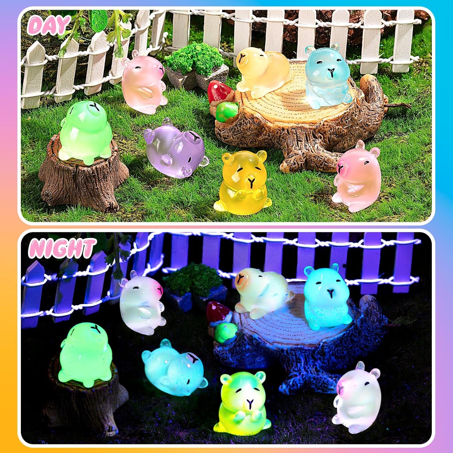 36PCS Luminous Mini Resin Capybara Miniature Capybara Figurines Glow in The Dark, Cute Tiny Capybaras Toys for Crafts Fairy Garden Landscape Capybaras Birthday Decorations (6 Style)