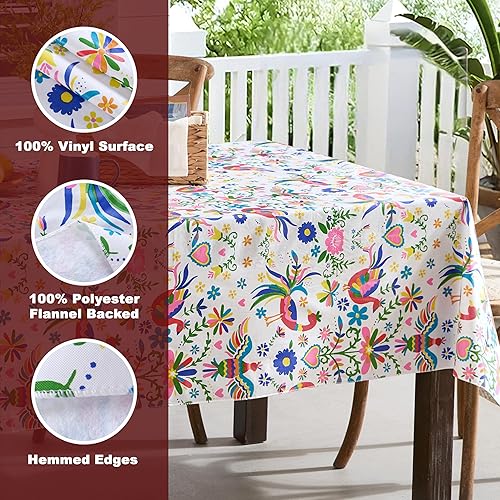 Miniatura 4 de Newbridge Mantel de vinilo con estampado popular de animales con reverso de franela, rectangular de 60 x 84 pulgadas, pájaros otomíes mexicanos,