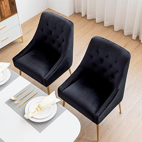 ALEAVIC Juego de 2 sillas de comedor modernas, sillas de comedor tapizadas de mediados de siglo, sillas de comedor de terciopelo con patas doradas