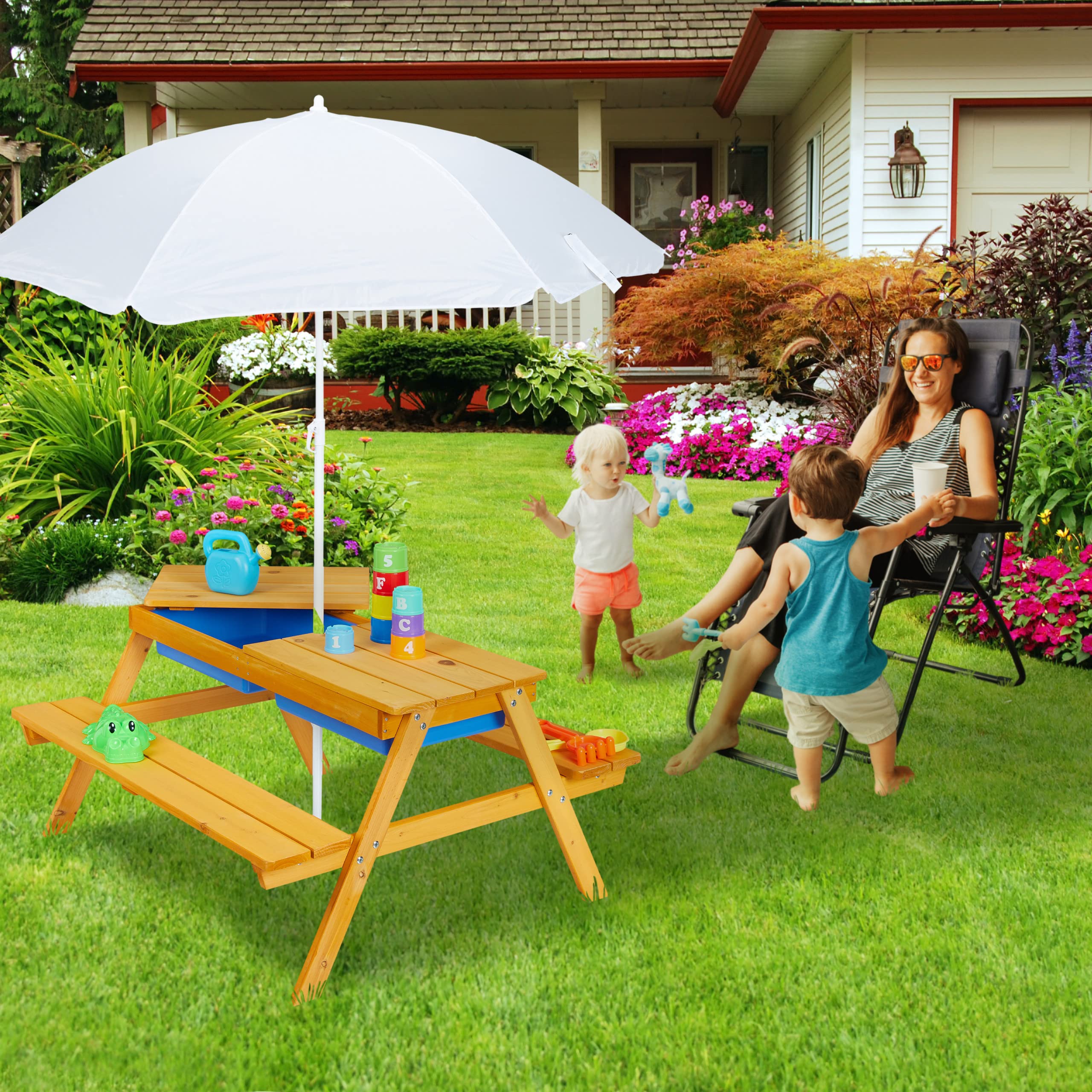 Relaxdays Mesa Pícnic Infantil con Sombrilla, Mesita Niños con 2 Bancos Madera, para Juegos con Arena y Agua, Natural