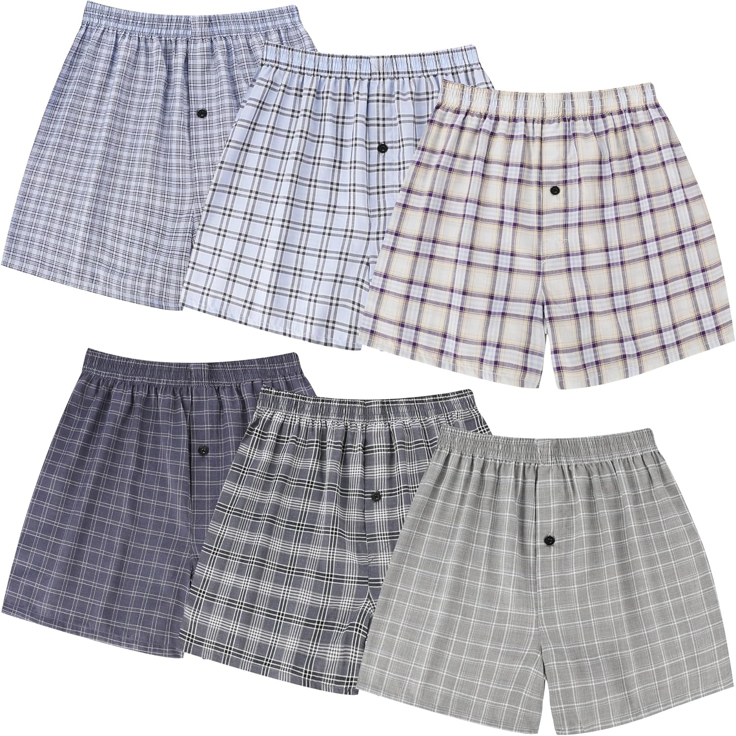 BAMBOO COOL Men's Underwear Woven Boxer Shorts,Classic Relaxed Fit,Lightweight Plaid Boxers,6 Pack