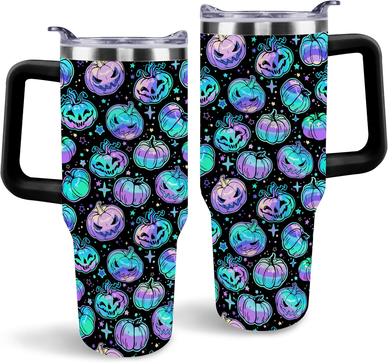 Cute Pumpkin Tumbler, Spooky Neon Pumpkin Mug Cup Ghost Tumblers with Handle and Straw 40 oz, Halloween Christmas Gifts for Friends Family Insulated Water Bottle
