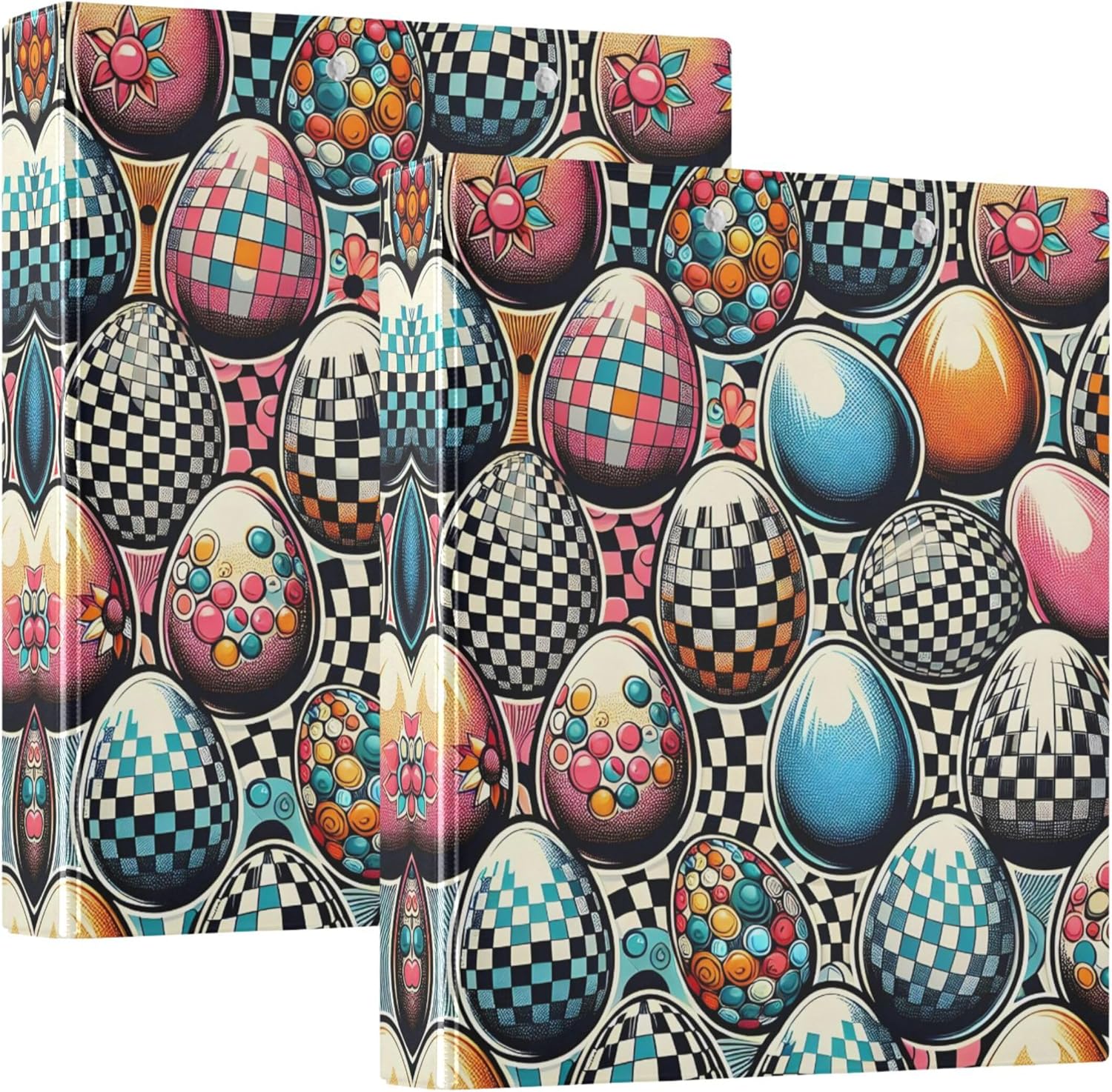 Happy Easter Eggs Design 3 Ring Binders, 1.5” Round Ring Binders with Clipboard - Letter Size, 3 Interior PVC Clear Pockets & Anti-Slip Clip for Office School Supplies, 2PCS