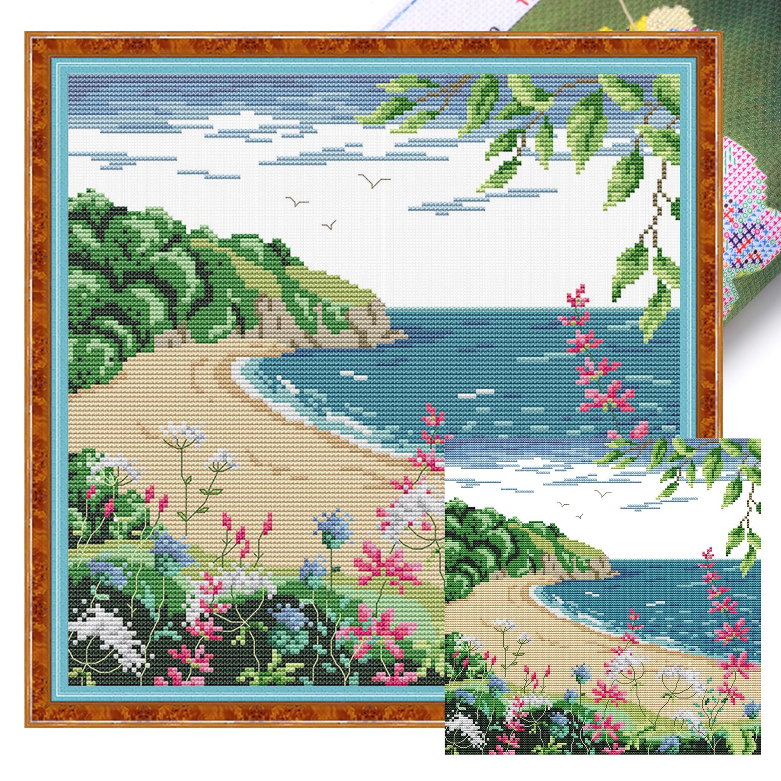 POETRYDRAW Seaside Full 14CT 2 Strands DIY Stamped Cross Stitch Kits 32x32cm Embroidery Needlepoint Starter Kits for Beginners Adults Home Decor (FA692)