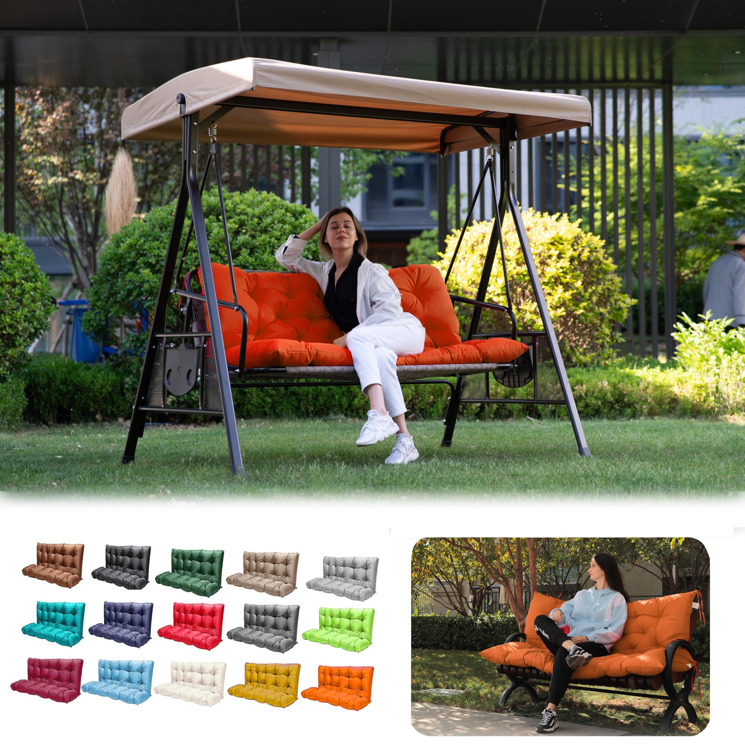 LCYY.TG Outdoor Swing Cushions, Porch Swing Replacement Seat Cushions with Backrest, 3 Seat Bench Pad Cushions, for Outside Patio, Garden,Backyard (Orange 60 * 40 in)