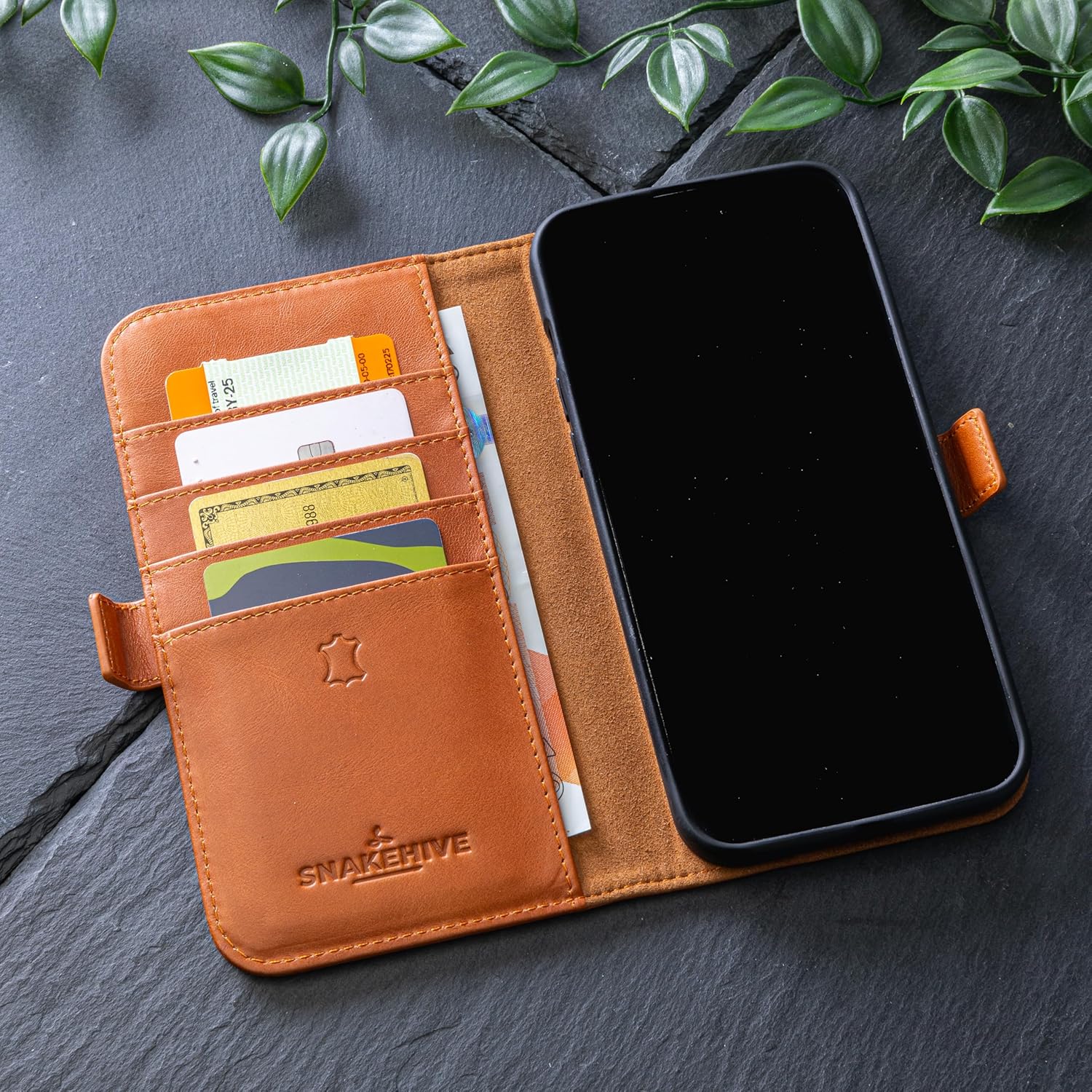 Snakehive Leather Wallet for iPhone 15 Pro - Real Leather Wallet Phone Case - Genuine Leather with Viewing Stand and 4 Card Holder - Side Clasp Flip Folio Cover with Card Slot (Smooth Tan)