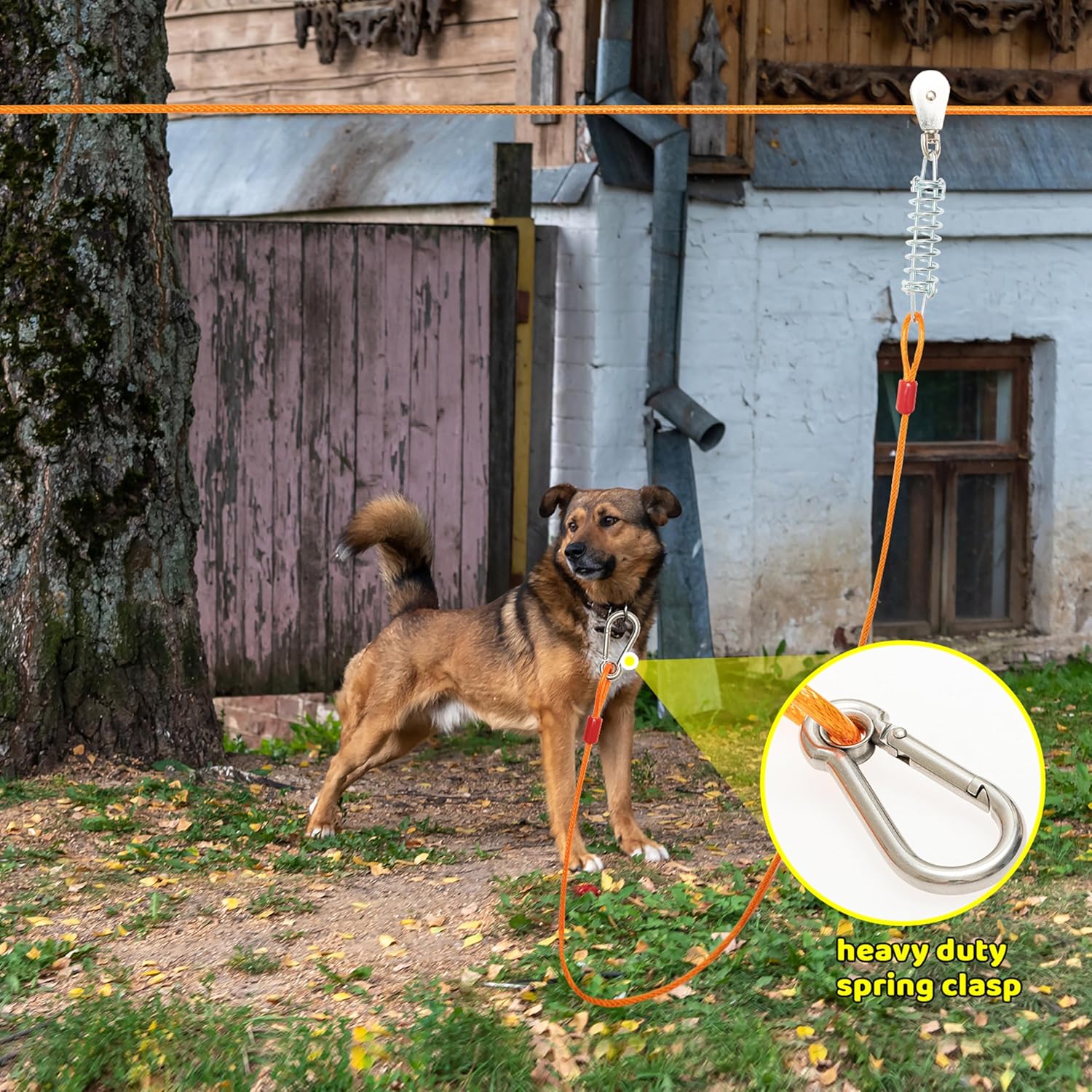 100FT Dog Tie Out Cable, Heavy Duty Dog Runner Cable Lead for Yard, Chew Proof Trolley Run Leash for Small Medium Large Dogs Camping, Training, Hiking Outdoor