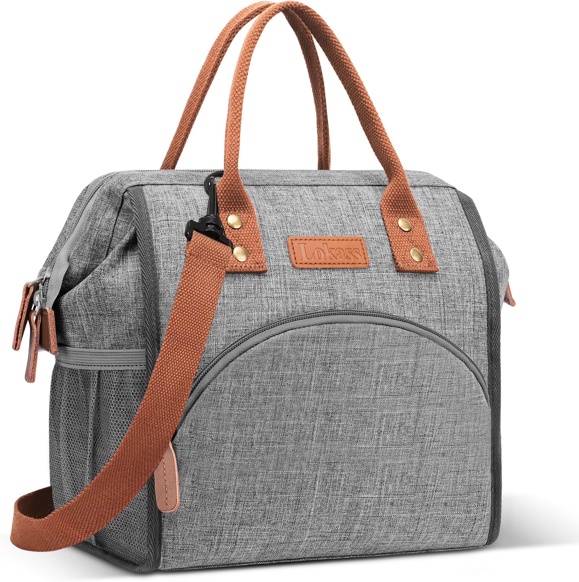 LOKASS Lunch Bag Insulated Lunch Box Wide-Open Lunch Tote Bag Large Drinks Holder Durable Nylon Snacks Organizer with Removable Shoulder Strap for Women Men Adults Work Outdoor,Grey