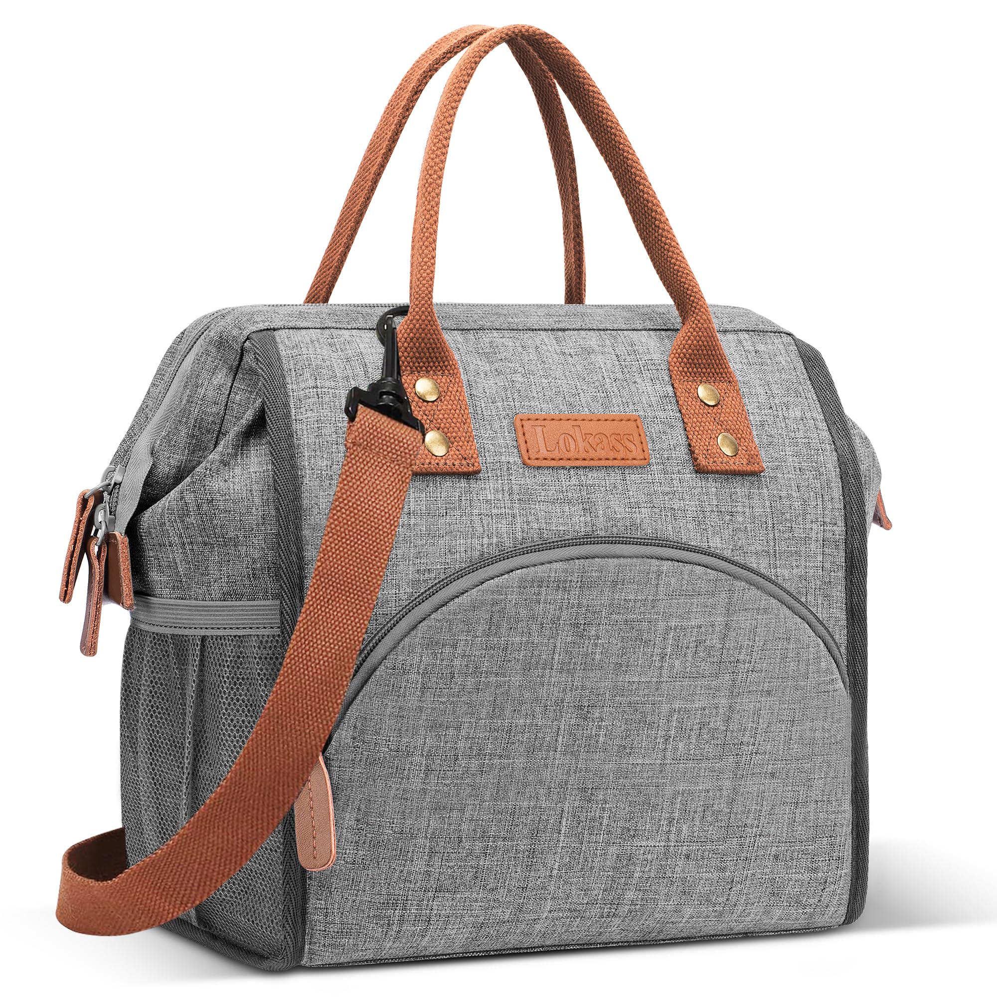 LOKASS Lunch Bag Insulated Lunch Box Wide-Open Lunch Tote Bag Large Drinks Holder Durable Nylon Snacks Organizer with Removable Shoulder Strap for Women Men Adults Work Outdoor,Grey