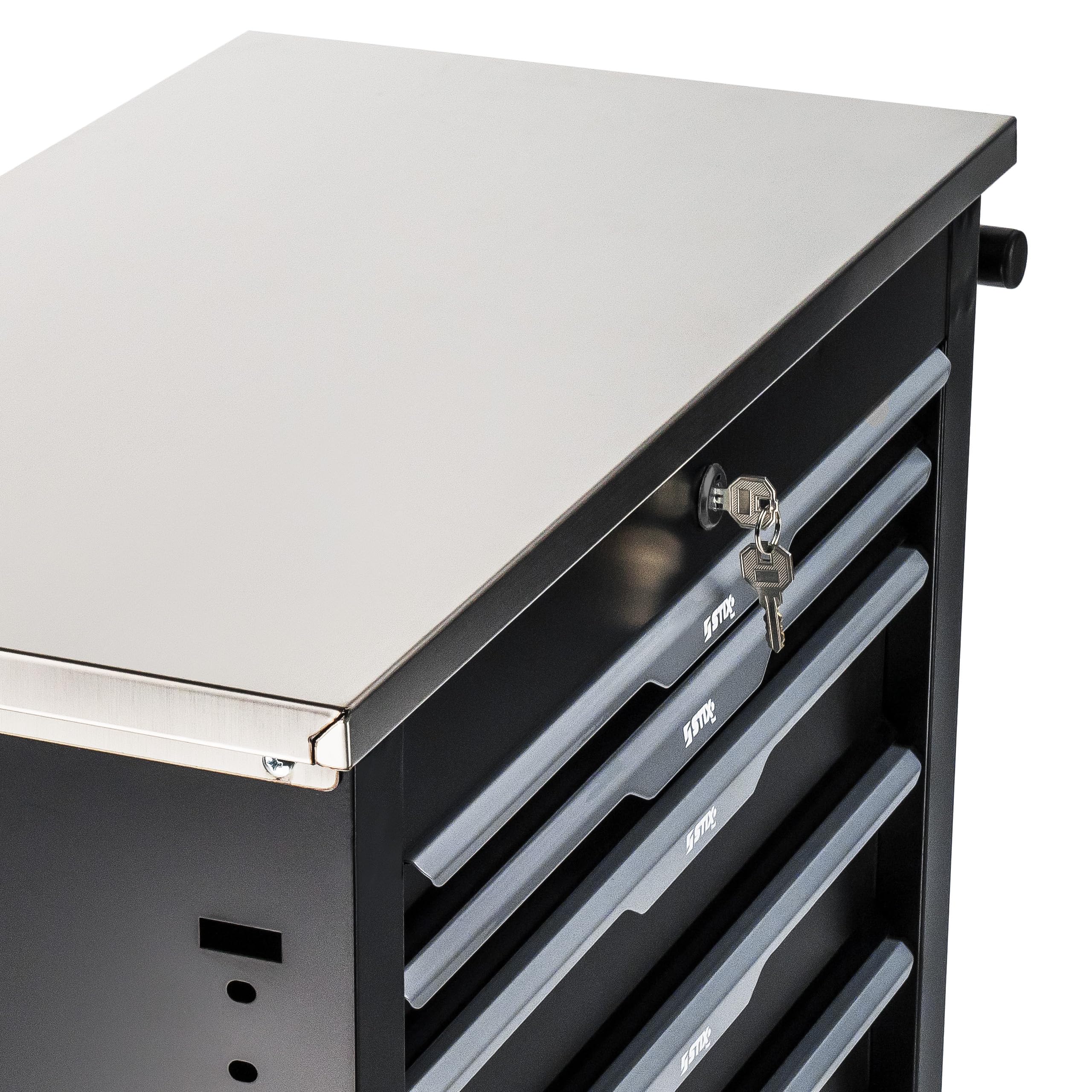 GarageGo Carrello portautensili P7 con 7 cassetti, piano in acciaio inox, chiusura centralizzata, ruote, serrabile, sottile