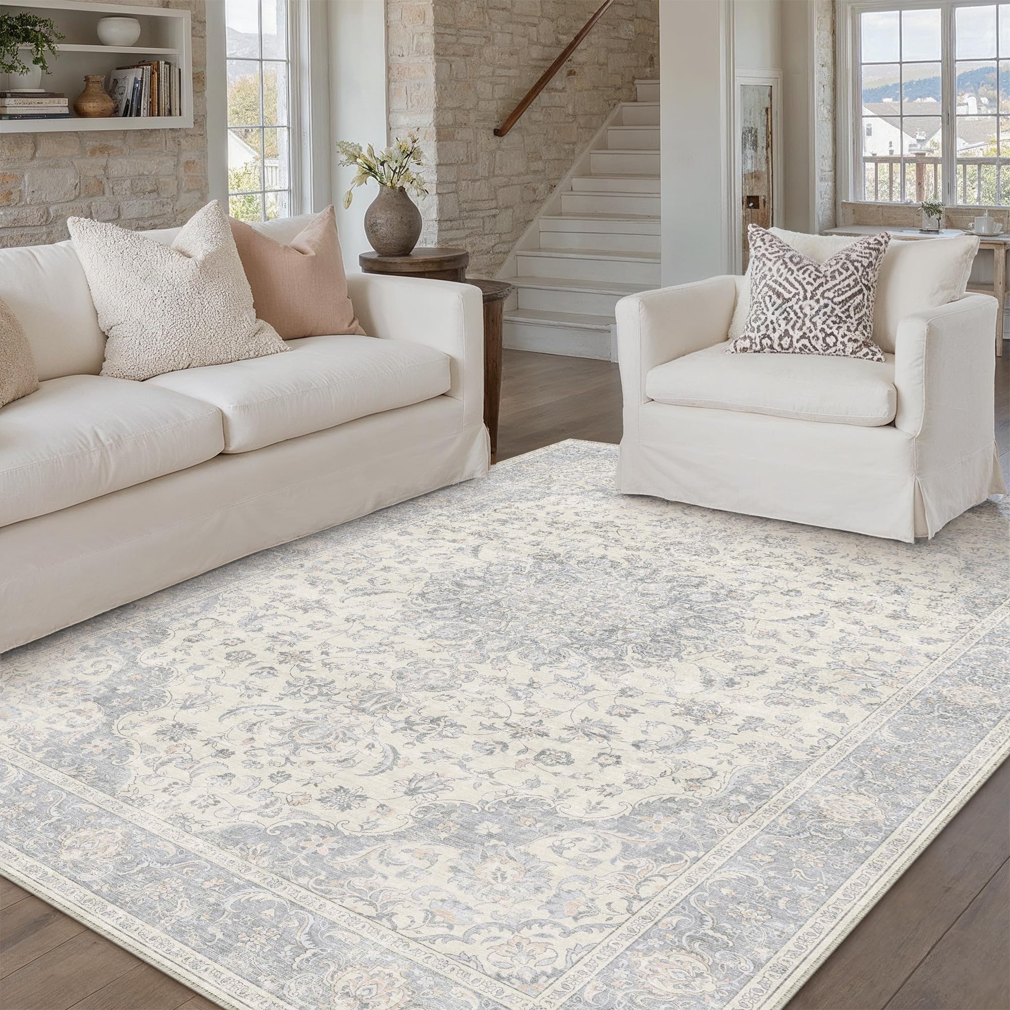 PureCozy Vintage Tapis Salon 160x230cm Gris Antidérapant Chambre Enfant Rug Lavable en Machine Grand Rugs Salle a Manger Bureau Salle de Jeux Carpets Interieur Doux Poil Ras Carpet